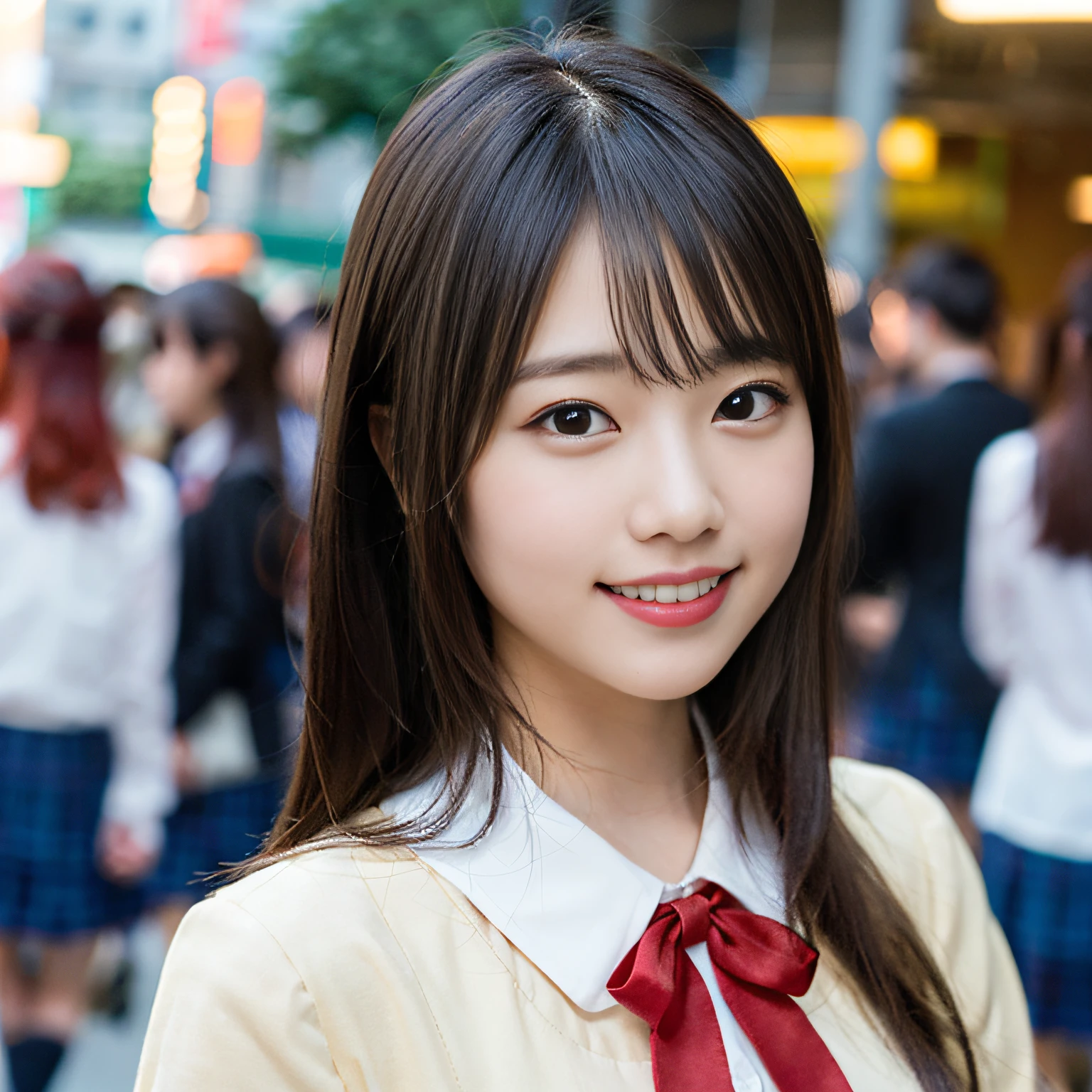 (8K、Raw photography、top-quality、masterpiece:1.2)、(realisitic、Photorealsitic:1.37)、ultra-detailliert、超A high resolution、(女の子1人:1.2)、see the beholder、beautifull detailed face、A smile、Constriction、(Slim waist) :1.3)、Beautiful detailed skin、Skin Texture、A dark-haired、Professional Lighting、Whole human body、Longhaire、japanese hight school uniform、hi-school girl、(School uniform with white blouse and red ribbon)、Plaid uniform skirt、Bob Hair、University、Happy smile、no-makeup、(hyper pretty face:1.5)、sixteen years old、