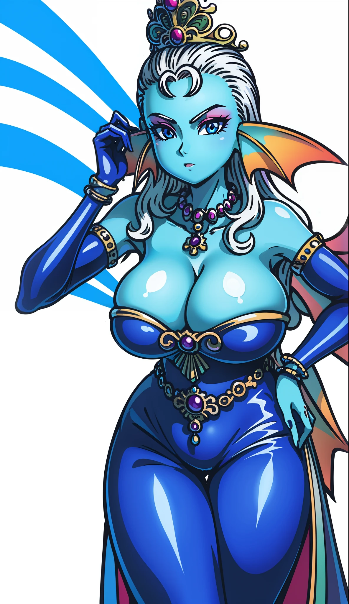 8K,High quality,Anime,married woman,Beautiful,clean,Bright,highlight in eyes,Sexy,ultra gigantic tits,oversized tits,Erotic,Well drawn,,beautiful line art. Blue skin, well-drawn ears, Blue and orange gradient fins, Blue , Blue , Painted from head to waist, Nothing on, , Crotch show,  Showing, Dark Facial Makeup, royal background, Nothing is worn、fullnude、animesque、Animation drawing、