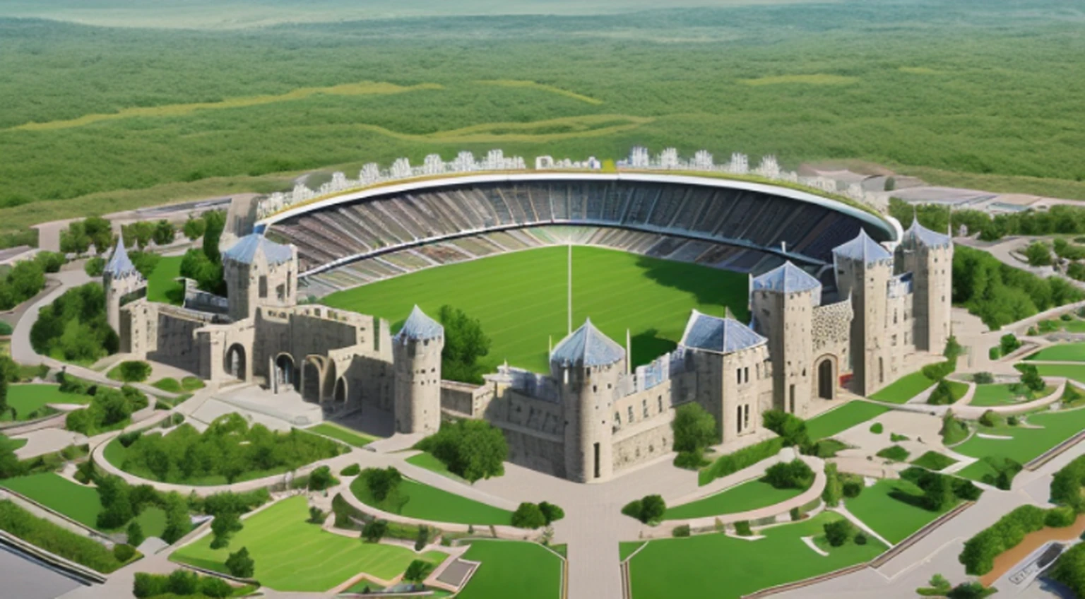 Castles and medieval territories，There are houses and trees in the territory，Western-style building，Casas de ambos os lados，O castelo fica no lado norte，The center is the stadium and the mall，It is surrounded by grass and trees，Summer is coming，People are small in front of the building，But people are happy。