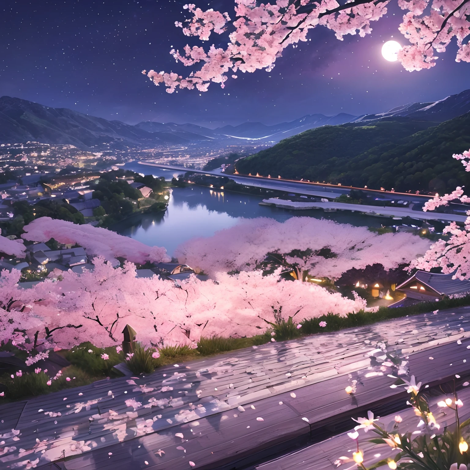 super high image, super detail, super high resolution, midnight, many lilies and cherry blossoms illuminated by moonlight on the hill of the town, landscape painting, delicate and detailed composition, professional lighting