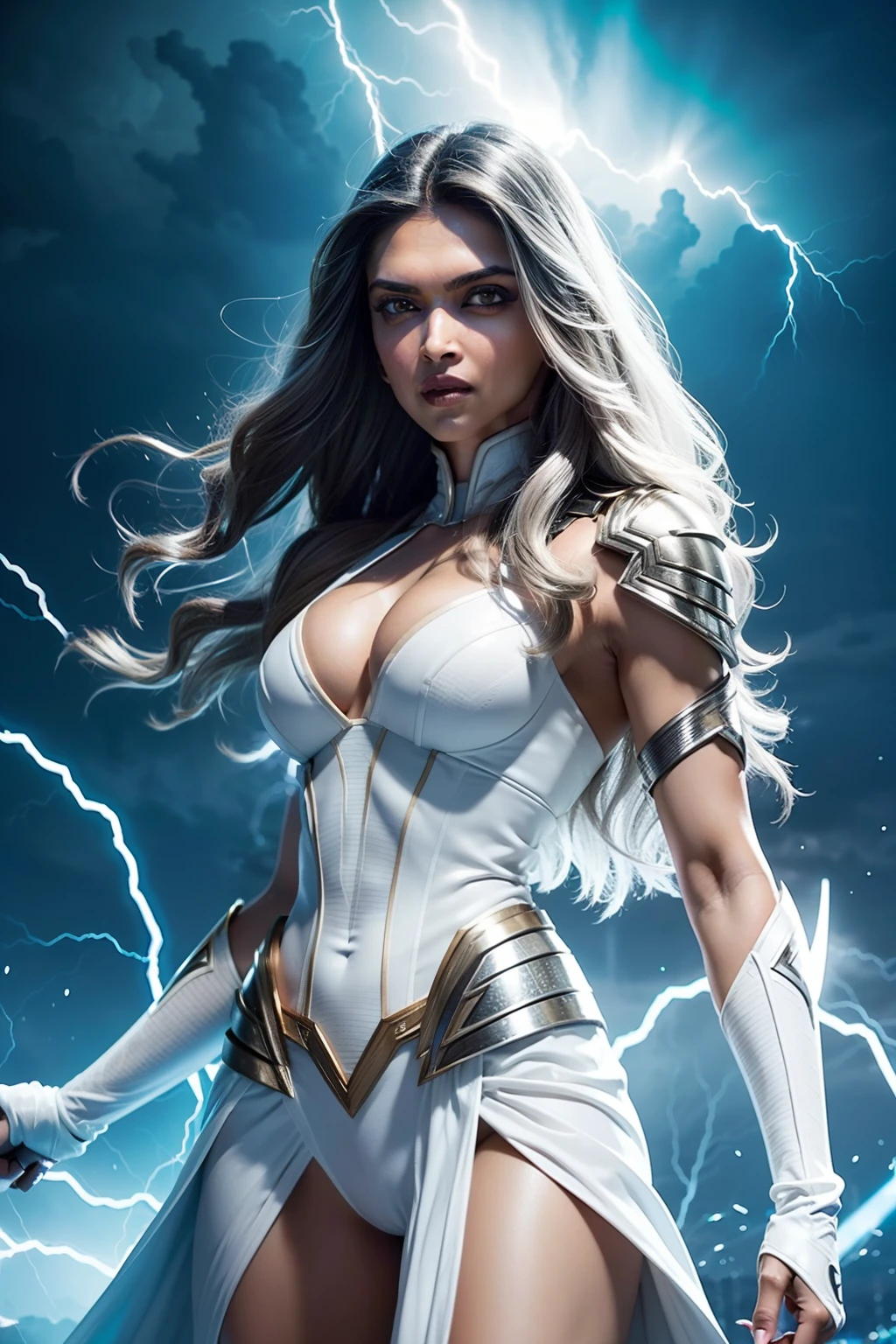 (((Deepika Padukone as Storm from X-Men))), ((wearing sexy Storm costume, halter top, white skirt)), (hyper realistic:1.4), (realistic:1.3), (best quality real texture skin), muscular girl, (wavy long white hair), (Use flashy lightning magic:1.4), (Dramatic Light),1Beautiful woman, ((sexy)), ((cleavage)), ((nippin)), ((camel toe)), ((dark skin)), Lightning is in your hands, thunder in the background, lightning armor, detailed face, All white hair, white eyes, ((glowing light eyes)), superhero pose, Fujifilm X-T3, 1/1250sec at f/2.8, ISO 160, 84mm, cinematic lighting