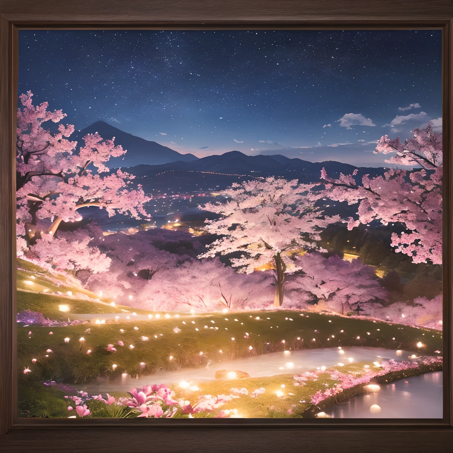 super high image, super detail, super high resolution, midnight, many lilies and cherry blossoms illuminated by moonlight on the hill of the town, landscape painting, pencil drawing art, delicate and detailed composition, professional lighting