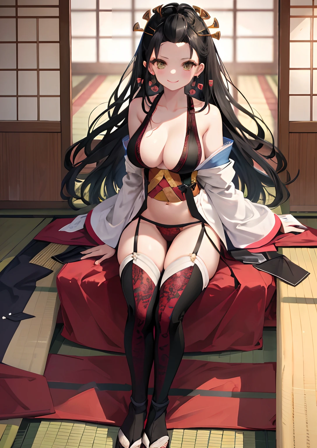masterpiece, best quality, DakiV4, 1girl, solo, long hair, breasts, smile, ((black hair)), hair ornament, indoors, v, japanese architecture, thighhighs, navel, cleavage, very long hair, underwear, panties,