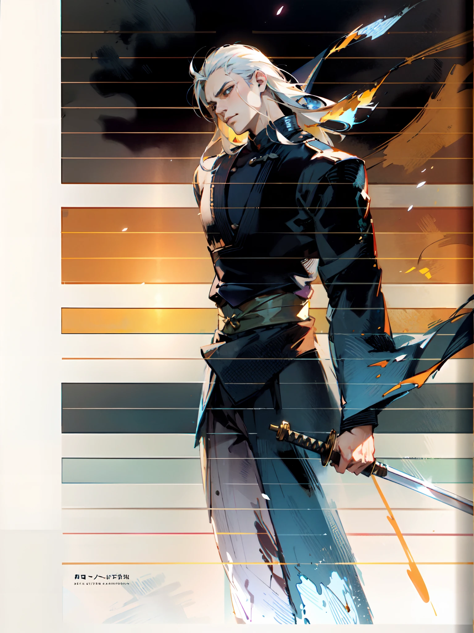 A young man with long hair, half-black and half-white long hair, hlfcol haired, black and white hair, sharp eyes, a confident expression, a heroic countenance, he wears a flowing two-piece martial arts-style robe, matching loose trousers, holding a slender sword in his left hand, the night sky, standing amidst a snowy mountain landscape, snowflakes falling all around, this character embodies a finely crafted Chinese swordsman design in anime style, characterized by a sophisticated and mature manga illustration art style, high definition, best quality, highres, ultra-detailed, ultra-fine painting, extremely delicate, professional, anatomically correct, symmetrical face, extremely detailed eyes and face, high quality eyes, creativity, RAW photo, UHD, 8k, Natural light, cinematic lighting, masterpiece:1.5