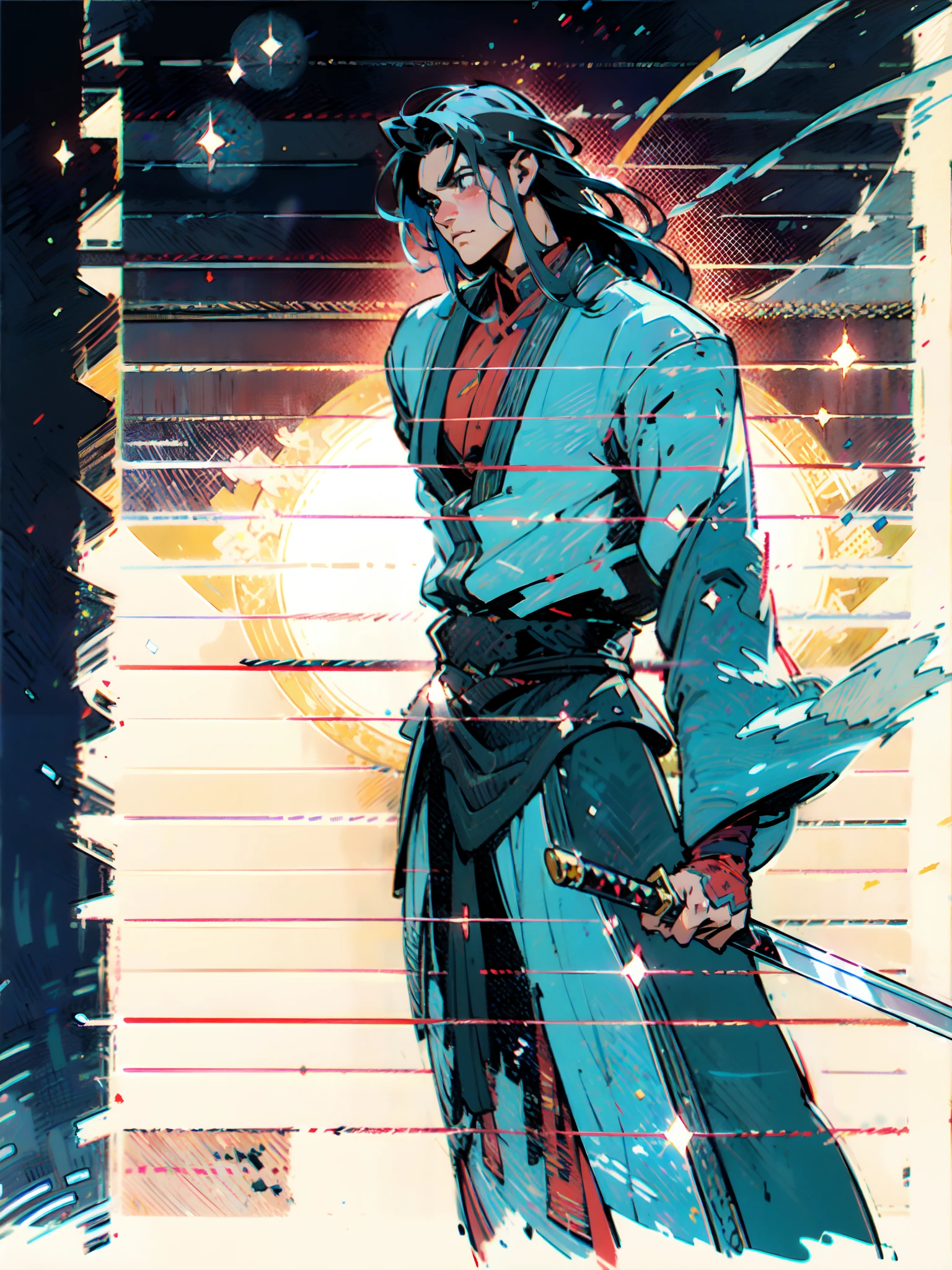 A young man with long hair, half-black and half-white long hair, sharp eyes, a confident expression, a heroic countenance, he wears a flowing two-piece martial arts-style robe, matching loose trousers, holding a slender sword in his left hand, the night sky, standing amidst a snowy mountain landscape, snowflakes falling all around, this character embodies a finely crafted Chinese swordsman design in anime style, characterized by a sophisticated and mature manga illustration art style, high definition, best quality, highres, ultra-detailed, ultra-fine painting, extremely delicate, professional, anatomically correct, symmetrical face, extremely detailed eyes and face, high quality eyes, creativity, RAW photo, UHD, 8k, Natural light, cinematic lighting, masterpiece:1.5