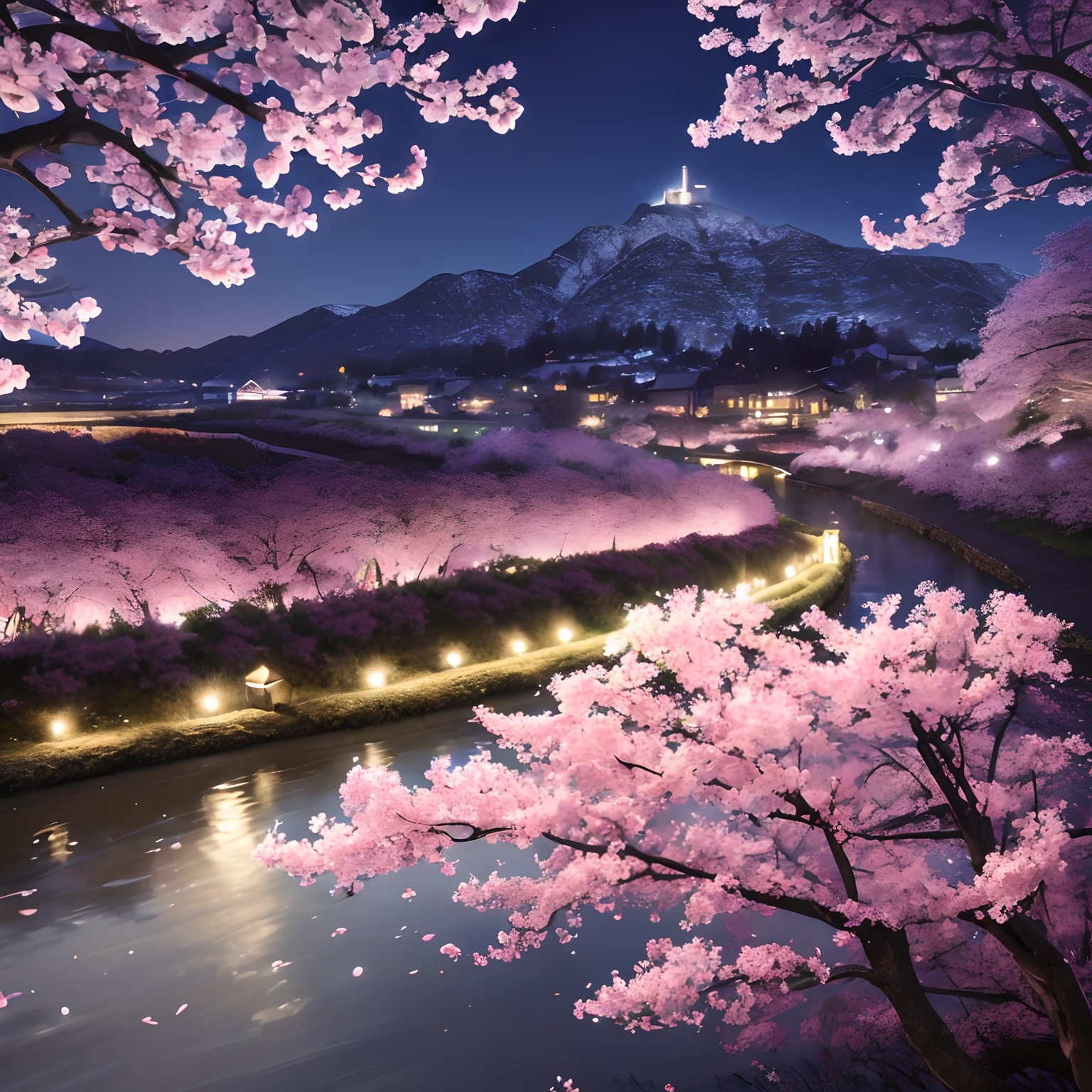 super high image, super detail, super high resolution, midnight, many lilies and cherry blossoms illuminated by moonlight on the hill of the town, landscape painting, pencil drawing art, delicate and detailed composition, professional lighting