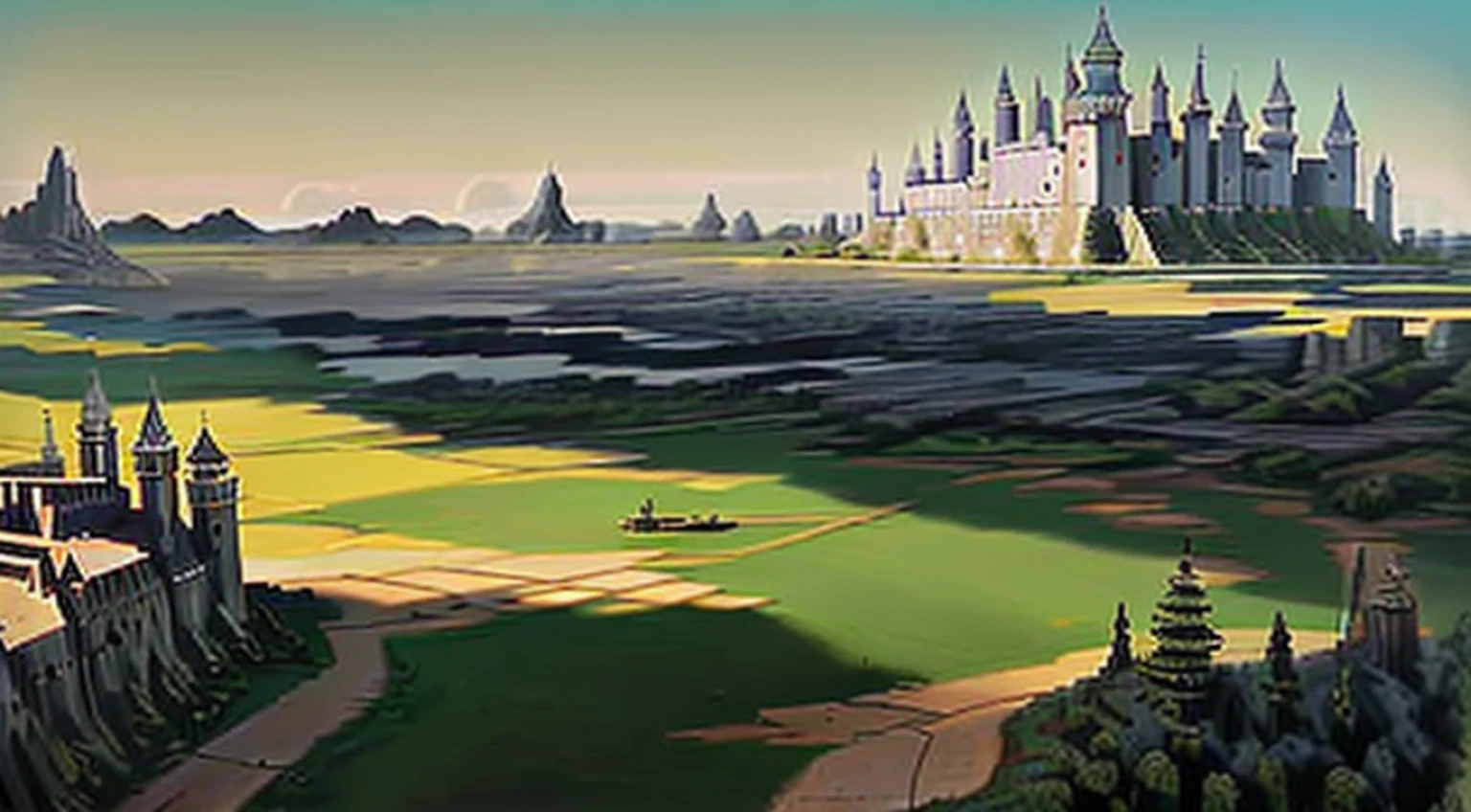 Castles and medieval territories,There are houses and trees in the territory,Western-style building,Casas de ambos os lados,O castelo fica no lado norte,The center is the stadium and the mall,It is surrounded by grass and trees,Summer is coming,People are small in front of the building,But people are happy。