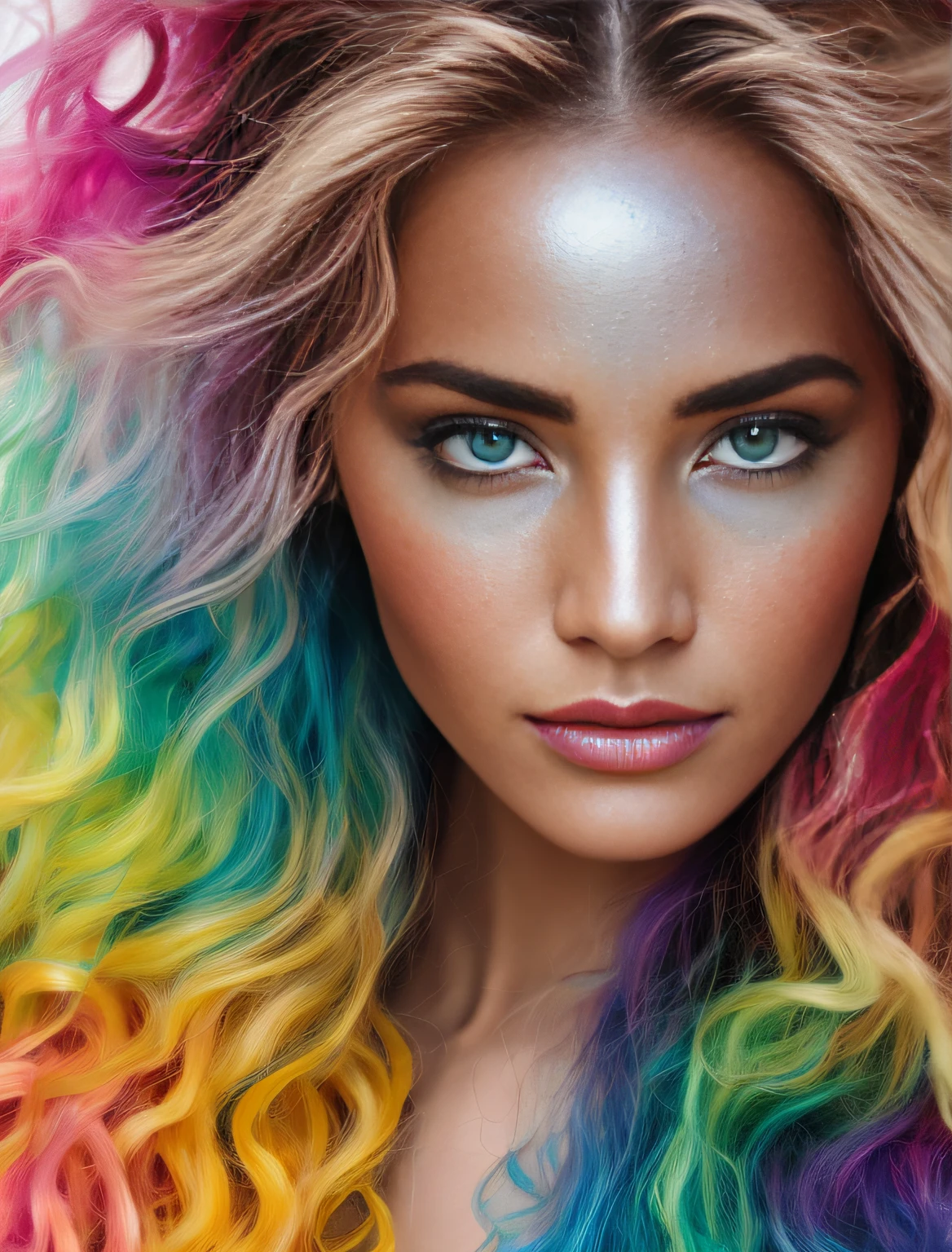 wild mystical lady with waving hair, metallic shine, detailed symmetric eyes, detailed gorgeous face,, anatomically correct, flawless, appearing from colorful liquid oil paint, emerging out of swirling paint best quality, rainbow colors, in style of Andrew Atroshenko, light and glittering and magic diamond shine, magical, ethereal, 8k uhd, dslr, soft lighting, high quality, film grain, Fujifilm XT3