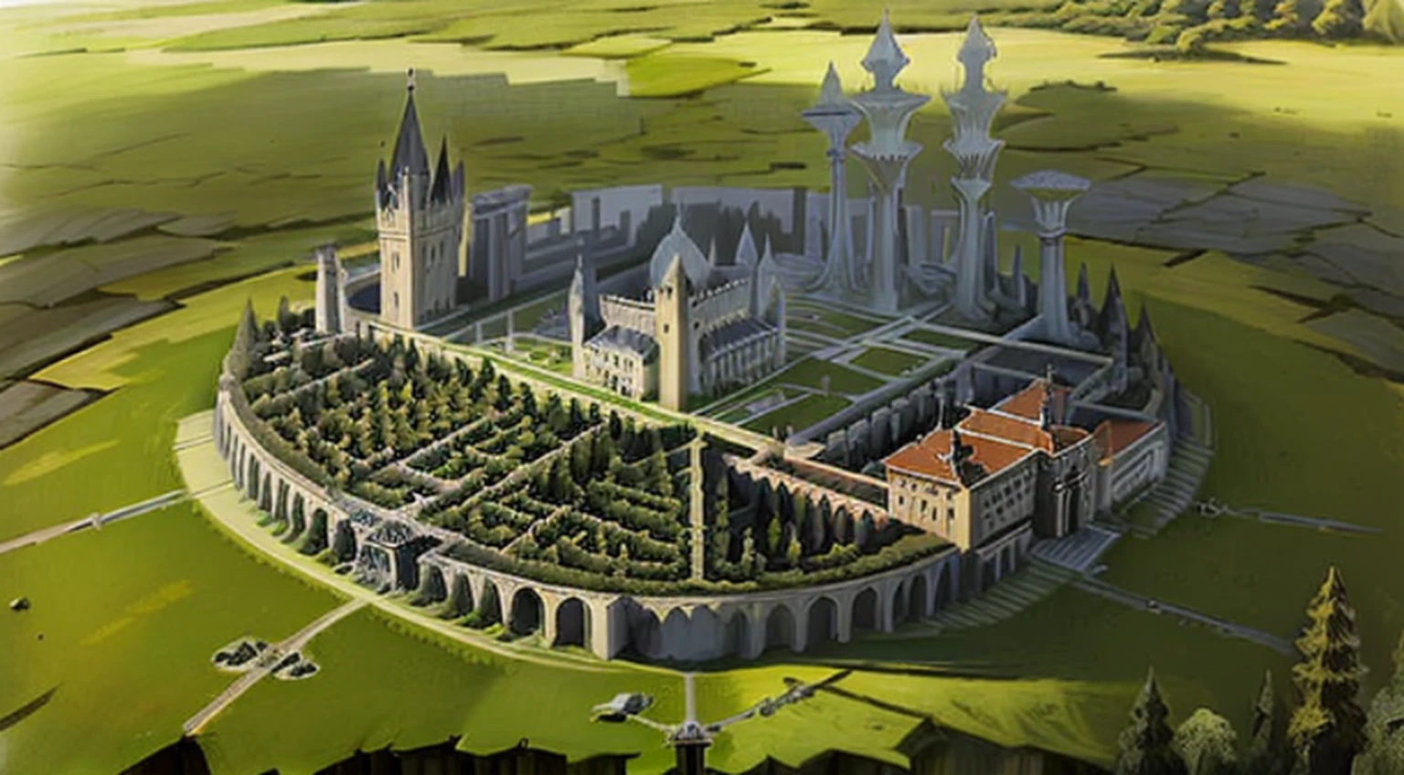 Castles and medieval territories，There are houses and trees in the territory，Western-style building，Casas de ambos os lados，O castelo fica no lado norte，The center is the stadium and the mall，It is surrounded by grass and trees，Summer is coming，People are small in front of the building，But people are happy。