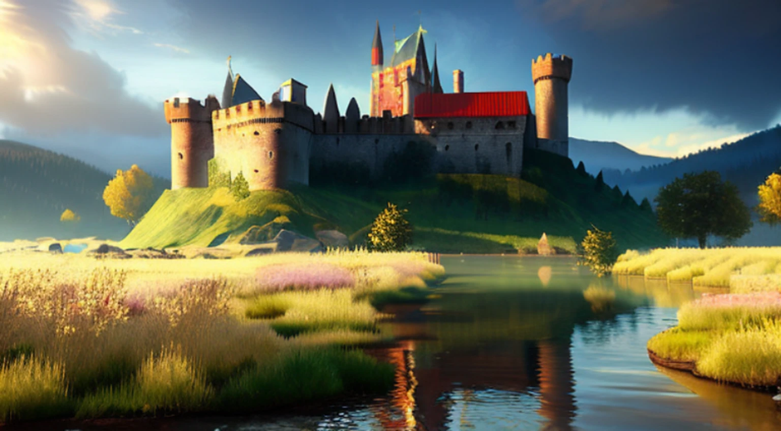 Bandeira da fantasia escura, Estilo de jogo The Witcher 3,A proportion, 21:9 aspect ratio, breathtaking masterpiece 8k Unreal Engine, a ruined castle nestled in fields and woods, parece um (detalhes intrincados, hiper detalhe, Gothic vampire lair: 1. 5), There is a small river that flows near the castle, (foco nítido), HDR, Global lighting, diffuse lighting, Volumetric lighting, specular illumination, High Definition Cinematic Lighting, best quality, (texturas naturais, Surrealismo, Sharp: 1.2), (foco nítido: 1.2), volumetric fog, caustics,
 ZphyrInsanity_Negativo