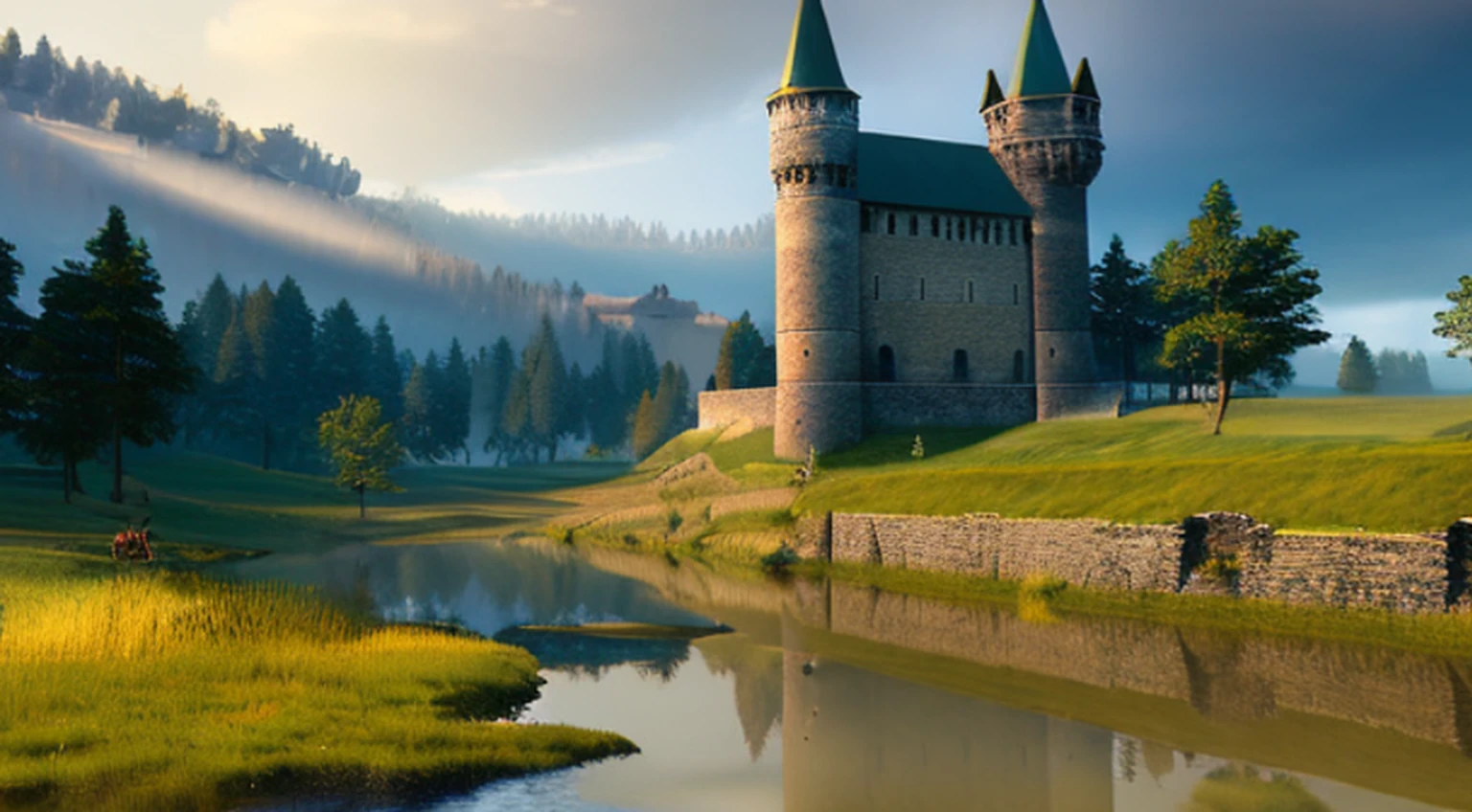 Bandeira da fantasia escura, Estilo de jogo The Witcher 3,A proportion, 21:9 aspect ratio, breathtaking masterpiece 8k Unreal Engine, a ruined castle nestled in fields and woods, parece um (detalhes intrincados, hiper detalhe, Gothic vampire lair: 1. 5), There is a small river that flows near the castle, (foco nítido), HDR, Global lighting, diffuse lighting, Volumetric lighting, specular illumination, High Definition Cinematic Lighting, best quality, (texturas naturais, Surrealismo, Sharp: 1.2), (foco nítido: 1.2), volumetric fog, caustics,
 ZphyrInsanity_Negativo