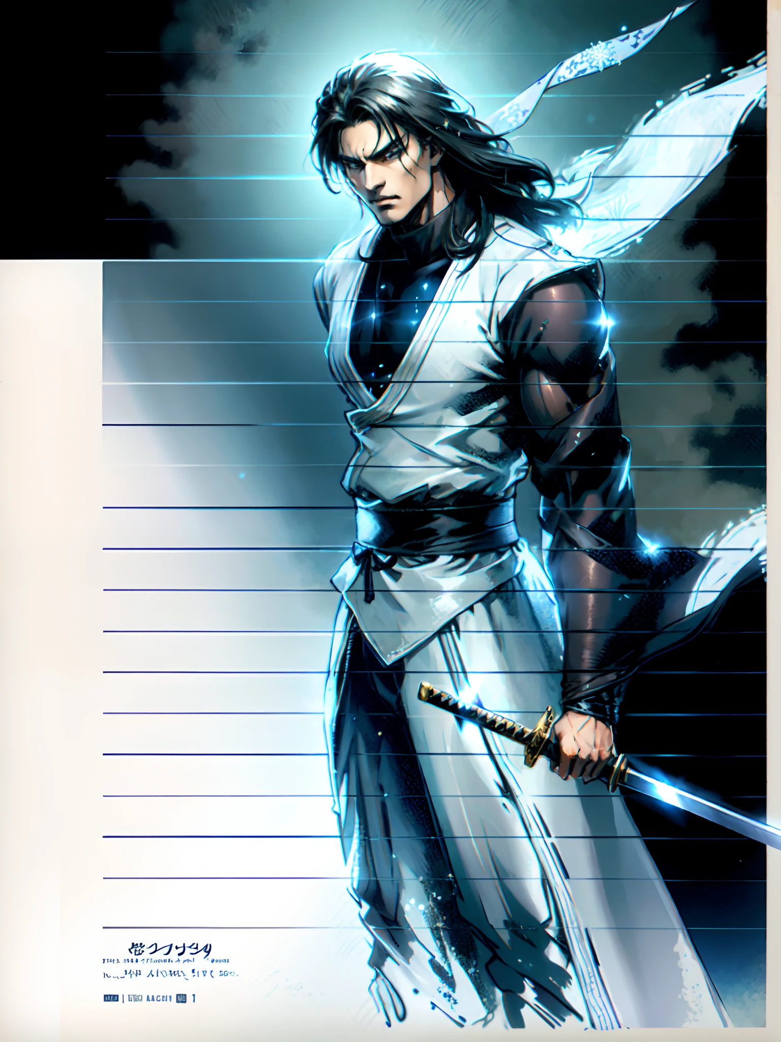 A young man with long hair, half-black and half-white long hair, hlfcol haired, black and white hair, sharp eyes, a confident expression, a heroic countenance, he wears a flowing two-piece martial arts-style robe, matching loose trousers, holding a slender sword in his left hand, the night sky, standing amidst a snowy mountain landscape, snowflakes falling all around, this character embodies a finely crafted Chinese swordsman design in anime style, characterized by a sophisticated and mature manga illustration art style, high definition, best quality, highres, ultra-detailed, ultra-fine painting, extremely delicate, professional, anatomically correct, symmetrical face, extremely detailed eyes and face, high quality eyes, creativity, RAW photo, UHD, 8k, Natural light, cinematic lighting, masterpiece:1.5