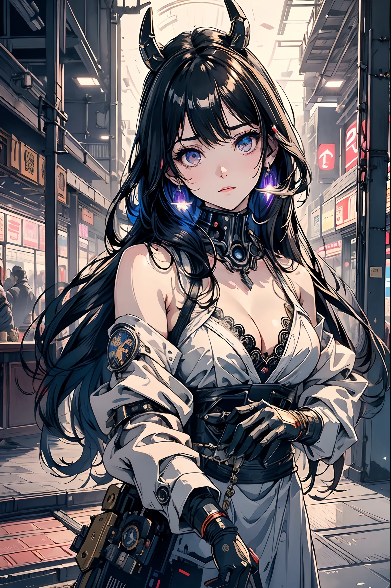 top-quality、tmasterpiece、超A high resolution、(Photorealsitic:1.4)、RAW photo、Cyberpunk battle robot angel、Large wing made of metal、White porcelain body、Acrylic transparent cover、whaite hair、glowy skin、1 Cyborg Girl、((Super realistic details))、porate、globalillumination、black shadows、octan render、8K、ultrasharp、Character edge light,Colossal tits、Raw skin is exposed in cleavage、Details of complex ornaments、Sumerian details、Hydraulic cylinder、small led lights、highly intricate detail、Realistic light、a purple eye、Radiant eyes、Facing the camera、neon light detail、cow boy shot、Futuristic headgear、Floor plan about the《cyber punk perssonage》、、
