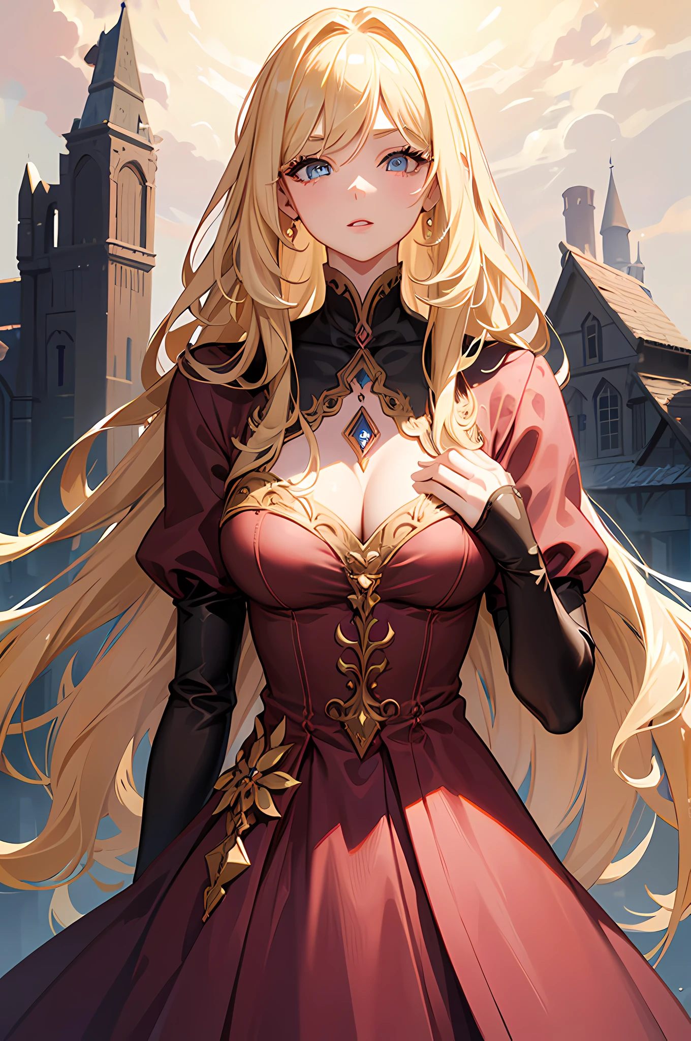 Masterpiece, best quality, girl, blonde hair, long wavy Hair, blue Eyes, facing front, Pink lips, thick eyelashes, Thick eyelids, Sharp Chin, Fantasy dress clothing, brown dress, Normal monochrome background, The body facing the viewer, Upper body only