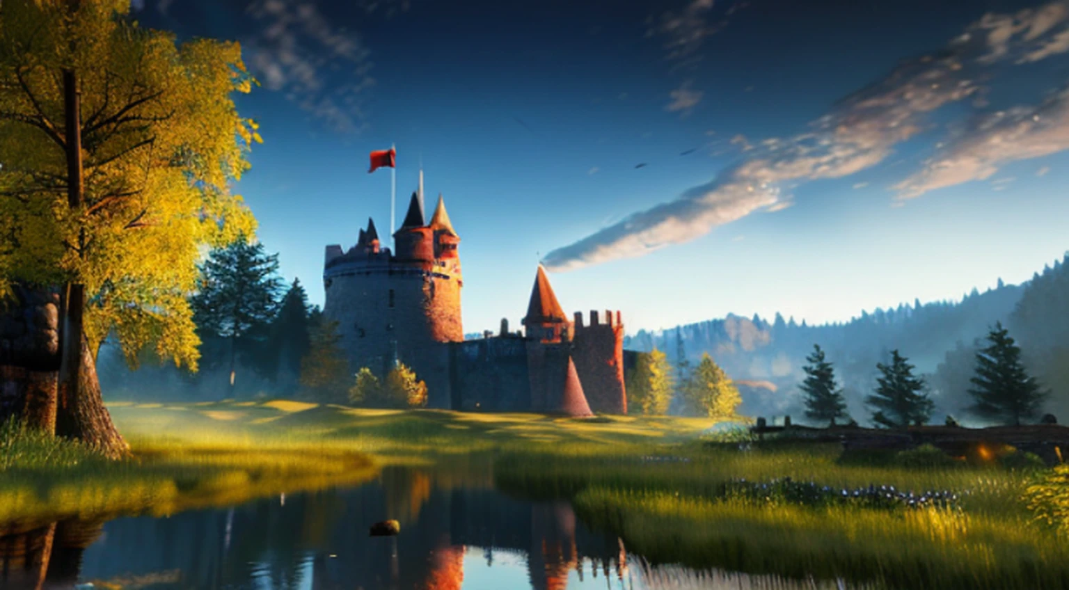 Bandeira da fantasia escura, Estilo de jogo The Witcher 3,A proportion, 21:9 aspect ratio, breathtaking masterpiece 8k Unreal Engine, a ruined castle nestled in fields and woods, parece um (detalhes intrincados, hiper detalhe, Gothic vampire lair: 1. 5), There is a small river that flows near the castle, (foco nítido), HDR, Global lighting, diffuse lighting, Volumetric lighting, specular illumination, High Definition Cinematic Lighting, best quality, (texturas naturais, Surrealismo, Sharp: 1.2), (foco nítido: 1.2), volumetric fog, caustics,
 ZphyrInsanity_Negativo