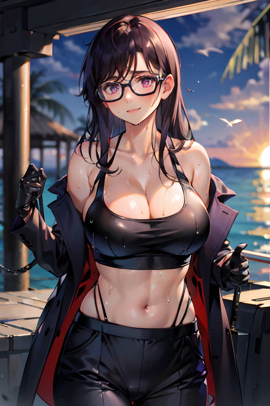Hiderum, a smile, underpants, Jacket, Suit, Best Quality, masutepiece, hight resolution,The chest is fluttering, ((Large cleavage)),A sexy,Glamorous,Wet body,Navel is visible,sea side