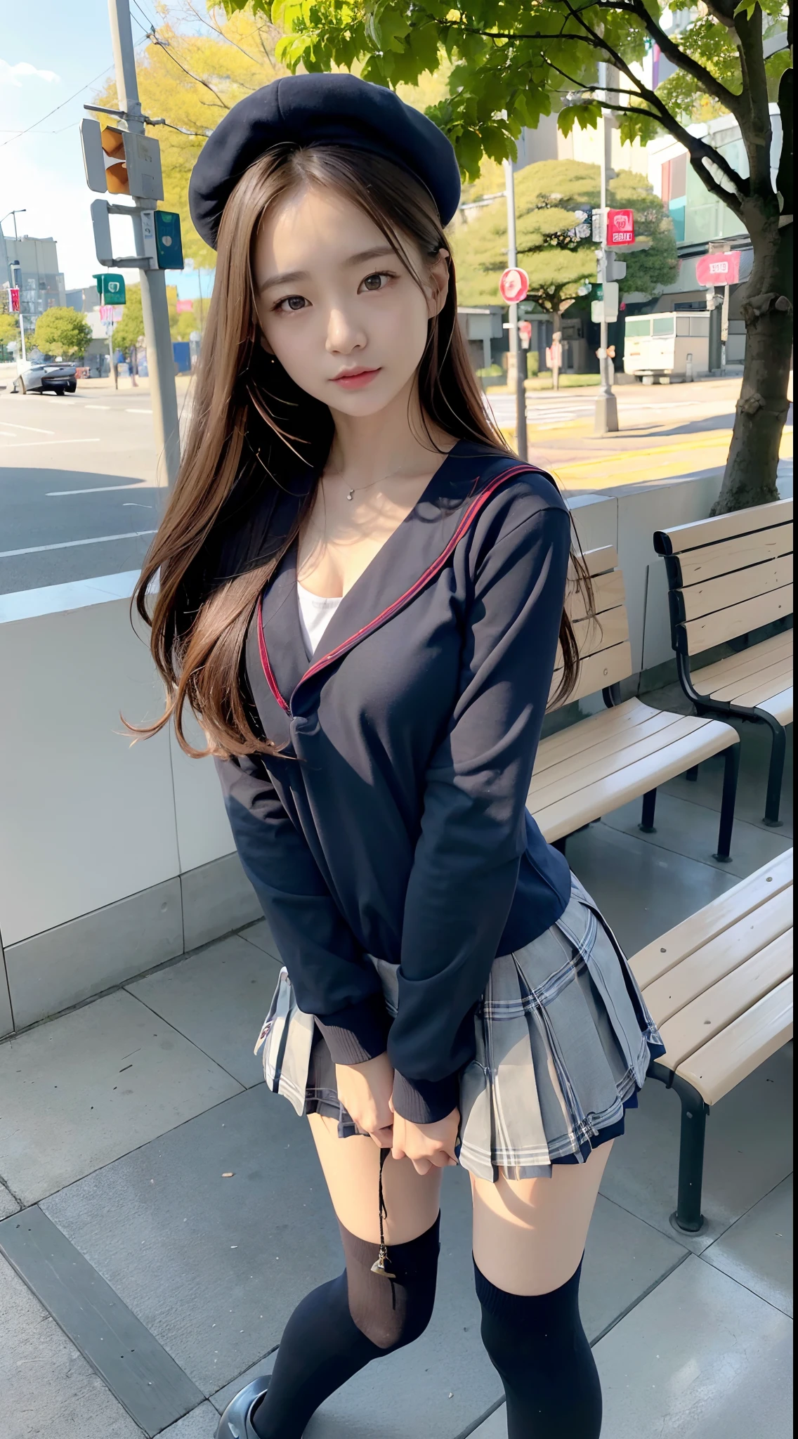 mix4, (16 K, Raw photography, Top image quality, masterpiece: 1.45), (realisitic, Photorealsitic: 1.37), one girls, 7.5, etc、Standing figure,Noon time slot、cute little, A city scape,, profetional lighting, photon maping, Cityscape with street trees, physically-based renderingt, Gradient dark brown hair,, a handsome, Well-groomed and beautiful eyes、Large double eyelids、Very shiny、girl with, (((student clothes、Long sleeve sailor suit worn by Japan schoolgirl、red cuffs、Dark blue mini skirt, Small gray beret、Dark blue knee-high socks、Black loafers))), Top Quality Photos, hight resolution, 1080p, (clearface), (Detailed face description), (Detailed hand description), (masterpiece), (Exquisite CG)、extreme light and shadows、dishevled hair、master work、abundant detail、(Fine facial features)、(top quality photo)、(masuter piece)、(A detailed eye)、Look in front of you、Fine clavicle、((Slender big))、(((Japan schoolgirl in long-sleeved sailor suit)))、((Ready Idol System))、((Boulevard with street trees、Bus stop、timetable、Benches))、(Shooting from random perspectives)、(((Anyway cute)))、耳Nipple Ring、A big smile、Drawing the whole body from the knees、Do not draw nasolabial folds、(((Long-sleeved sailor suit)))、(Big breasts that hang down big:0.9)、Big buttocks with tension、Two arms and two legs、(((from the front side:0.5)))、bare hand、No mask