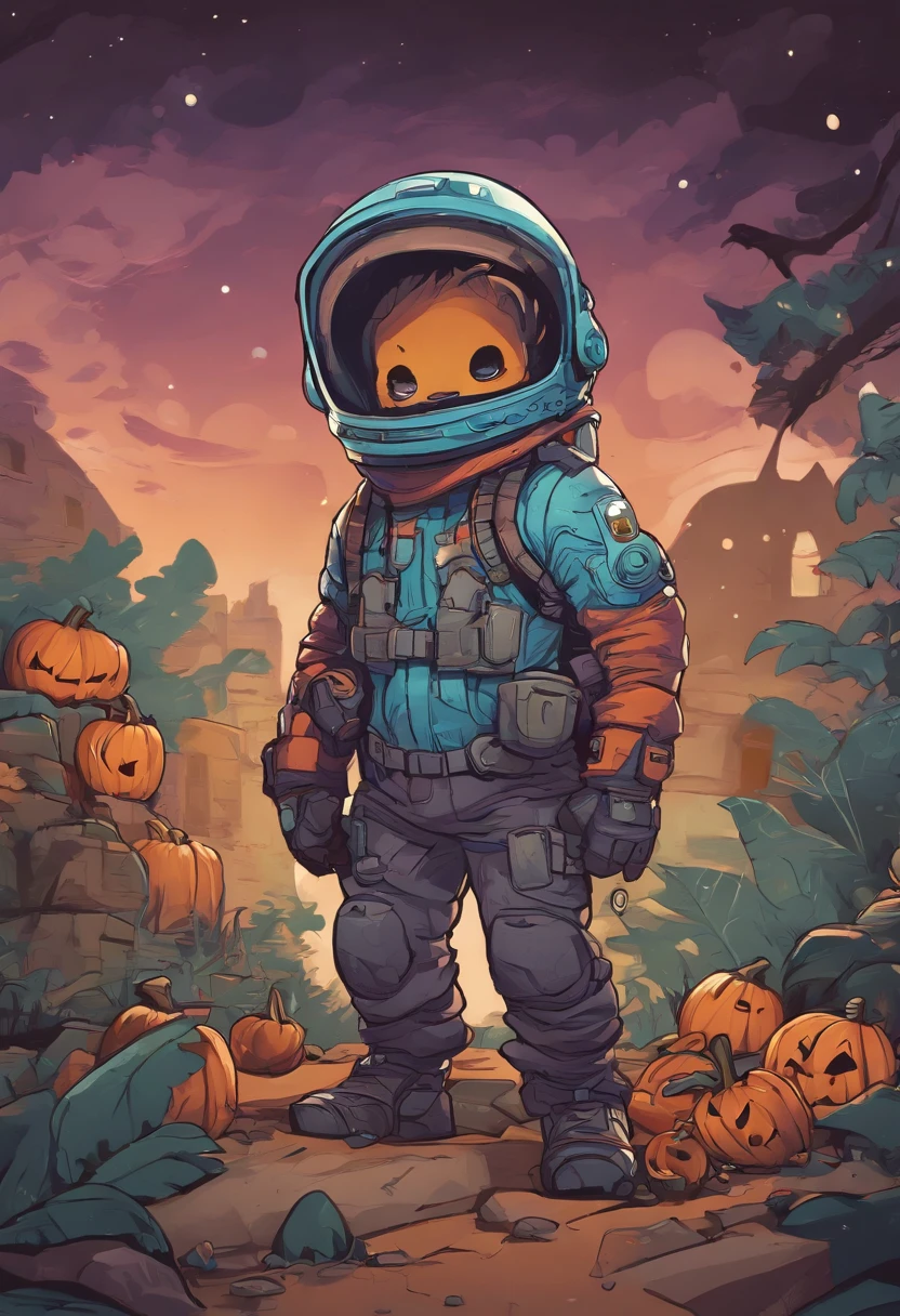 Skottie Young Style - 2d vector illustration,  Halloween monster explorer space, trending pixiv fanbox, acrylic palette knife, 4k, vibrant colors, devinart, trending on artstation,, smooth lighting and pastel colors. graffiti background, (8 colors), by Skottie Young