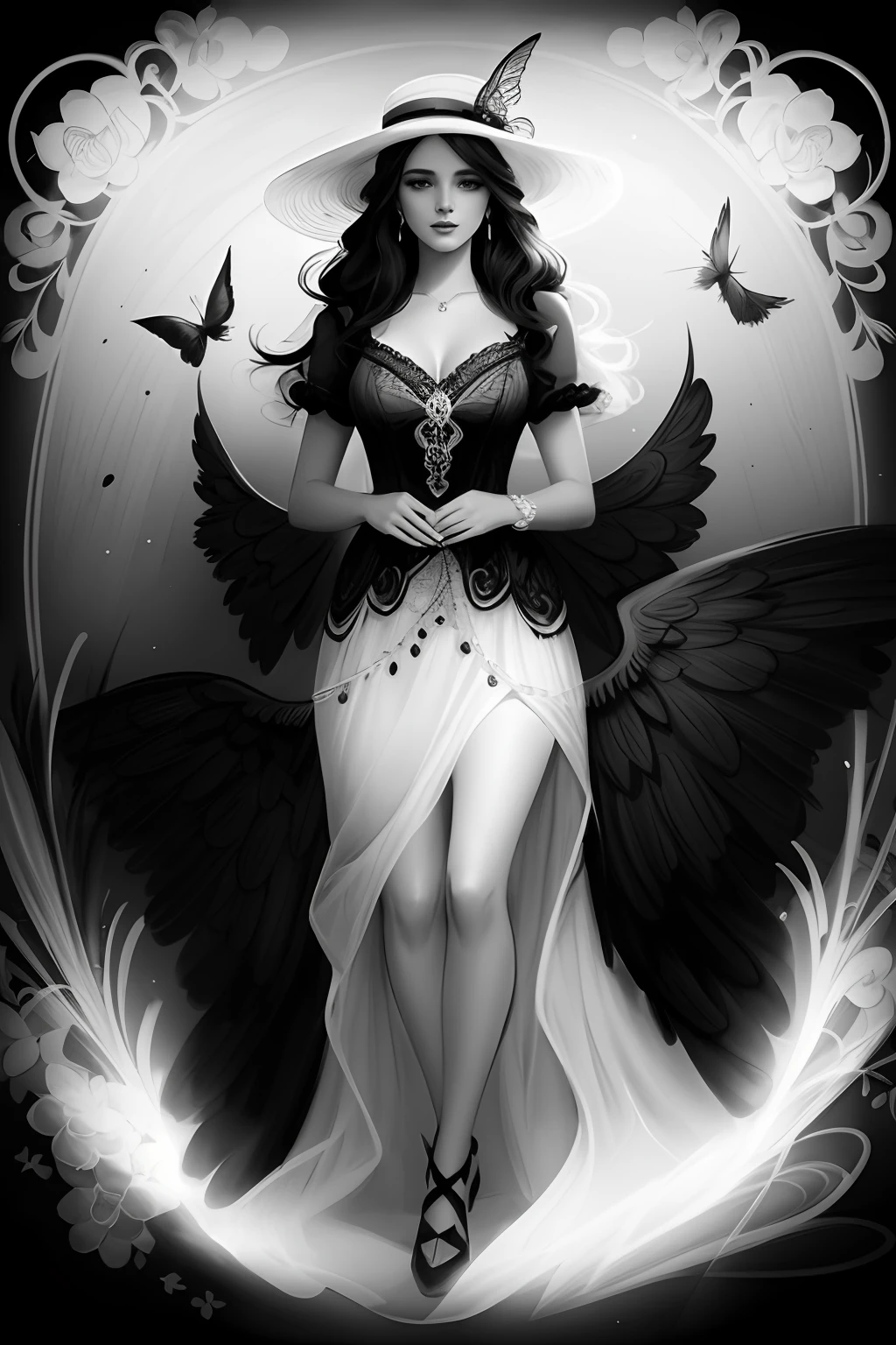 a black and white drawing of a woman in a dress and hat, exquisite digital illustration, beautiful gorgeous digital art, a beautiful artwork illustration, style of charlie bowater, sketch black and white colors, black and white coloring, in style of charlie bowater, gorgeous digital art, black and white colors, beautiful digital art, beautiful digital artwork, with beautiful wings