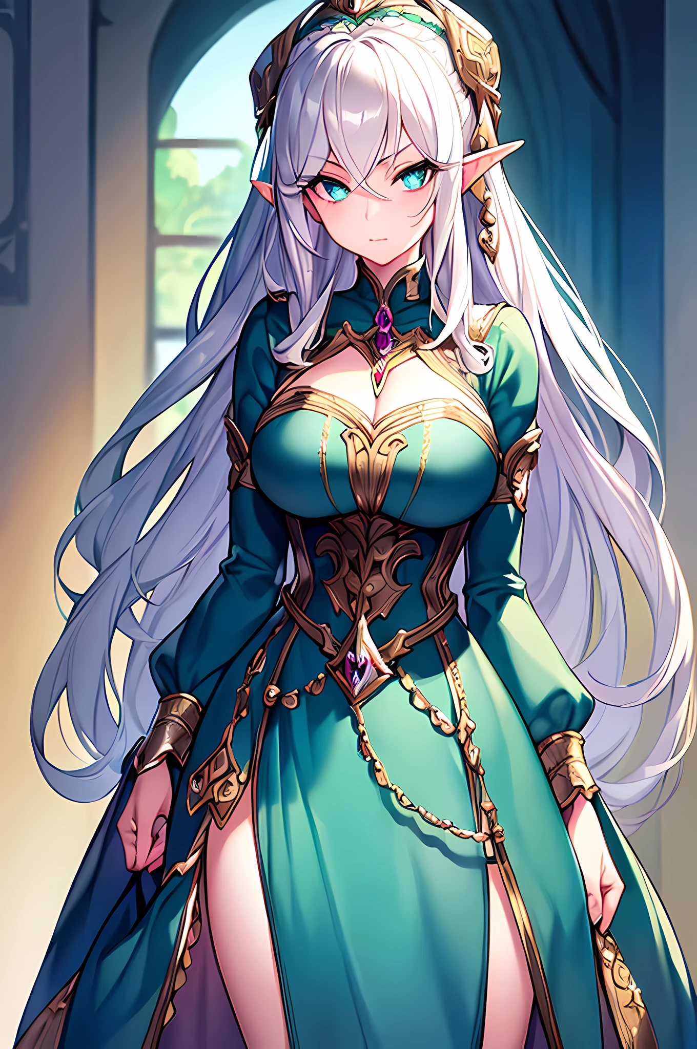 masterpiece, woman, elf, silver hair, half bundle hair, green eyes, big eyes, facing front, pink lips, thick eyelashes, thick eyelid, sharp chin, fantasy dress clothing, blue dress, plain one-color background, body towards viewer, upper body only