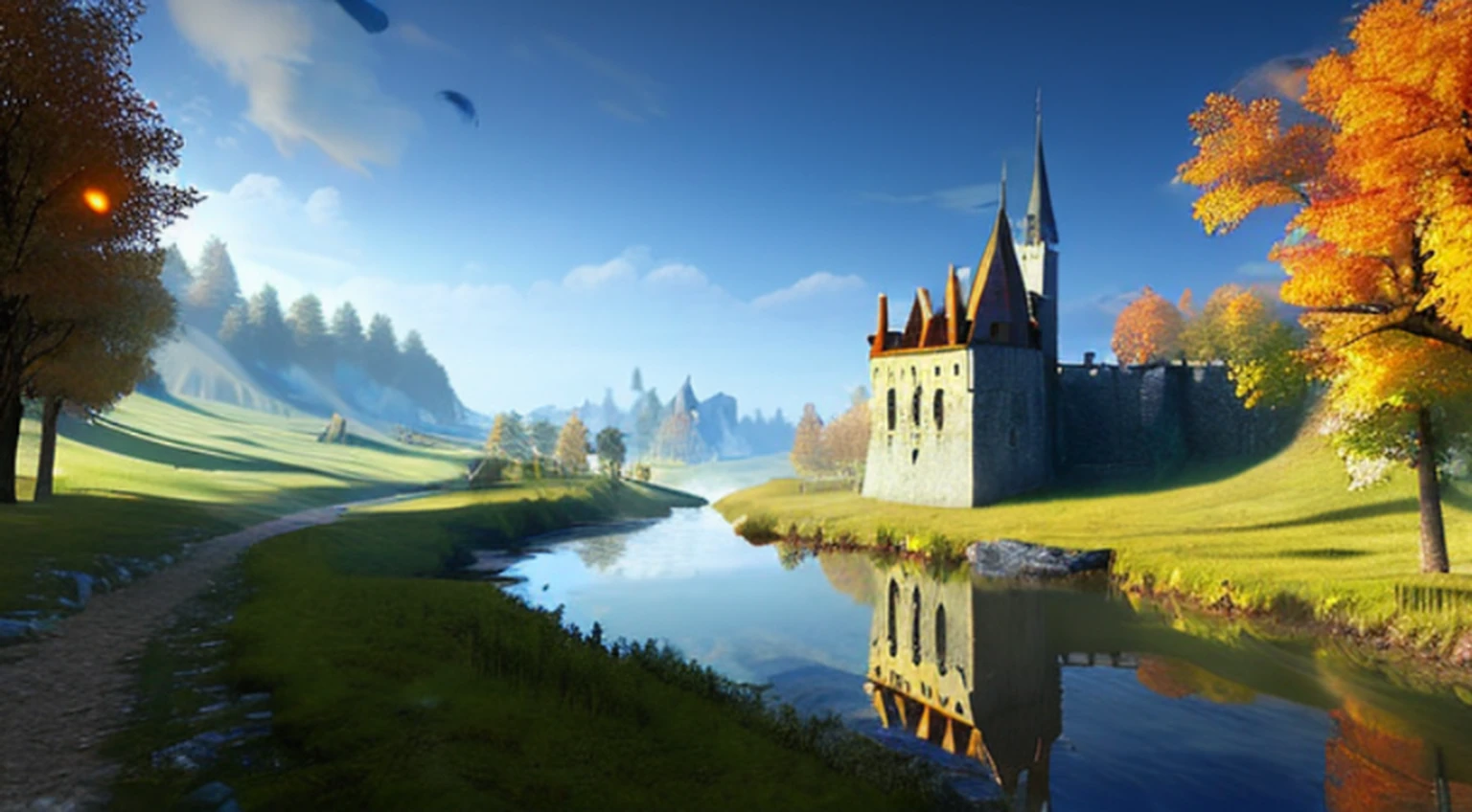 Bandeira da fantasia escura, Estilo de jogo The Witcher 3,A proportion, 21:9 aspect ratio, breathtaking masterpiece 8k Unreal Engine, a ruined castle nestled in fields and woods, parece um (detalhes intrincados, hiper detalhe, Gothic vampire lair: 1. 5), There is a small river that flows near the castle, (foco nítido), HDR, Global lighting, diffuse lighting, Volumetric lighting, specular illumination, High Definition Cinematic Lighting, best quality, (texturas naturais, Surrealismo, Sharp: 1.2), (foco nítido: 1.2), volumetric fog, caustics,
 ZphyrInsanity_Negativo