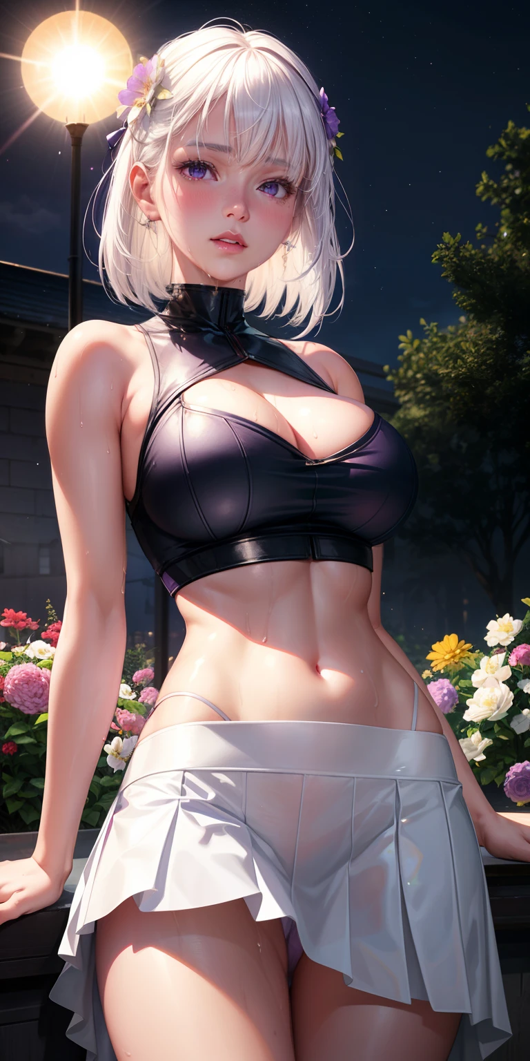 realistic, 1girl, white hair, purple eyes, glowing eyes, crop top, skirt, parted lips, blush, night, flowers, sun, sunlight,, ?????, ?????????????, wet