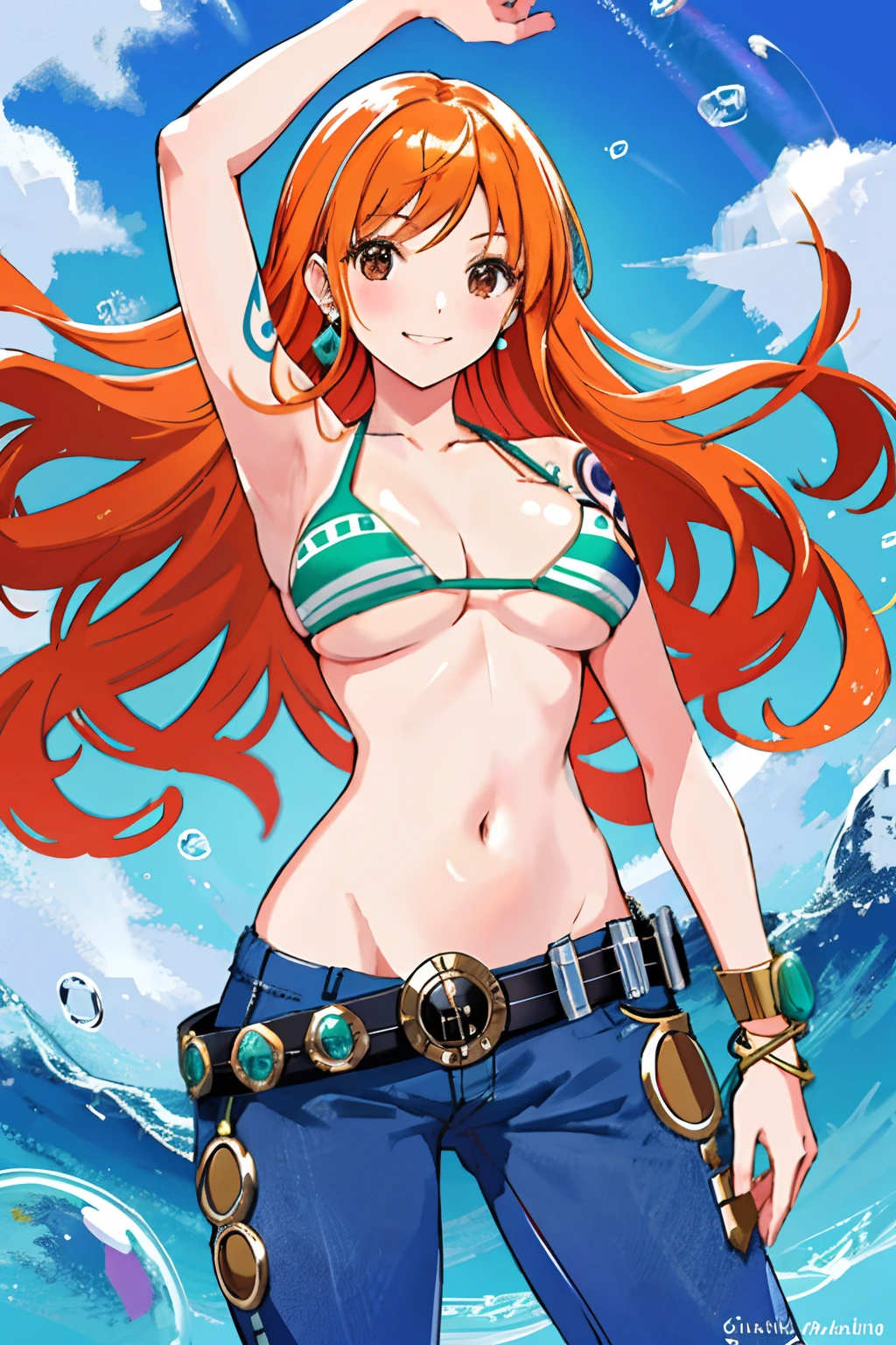 detailed background, masterpiece, best quality, 1girl, solo, nami \(one piece\), 1girl, bangle, bangs, bare shoulders, belt, bikini, bikini top only, blue sky, bracelet, breasts, brown eyes, bubble, cleavage, cloud, cowboy shot, day, denim, earrings, floating hair, green belt, green bikini, groin, jeans, jewelry, large breasts, log pose, long hair, looking at viewer, navel, orange hair, pants, shoulder tattoo, sidelocks, sky, smile, solo, standing, stomach, swimsuit, tattoo , looking at viewer