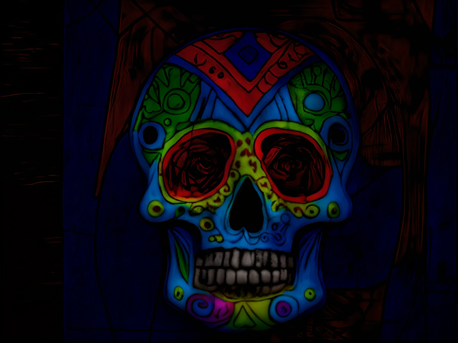 brightly colored sugar skull on a blue cooler on a wooden surface, calavera, sugar skull, aztec skull, skull, single aztec skull, skullish, skull paint, day of the dead, ( dia de los muertos ), (dia de los muertos), dia de muertos, el dia los muertos, el dia los muertos!