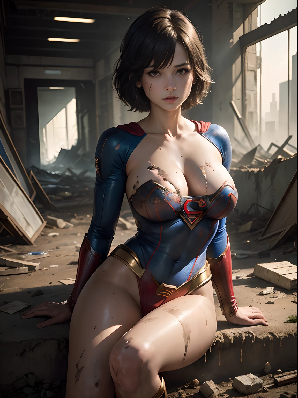 masterpiece、Short-haired Supergirl lying in a thoroughly destroyed ruin、large full breasts、Looking at the camera、Glossy costume、Tattered costume、wounded、dreary atmosphere、Strange atmosphere、Crotch、Mud stains、bare-legged