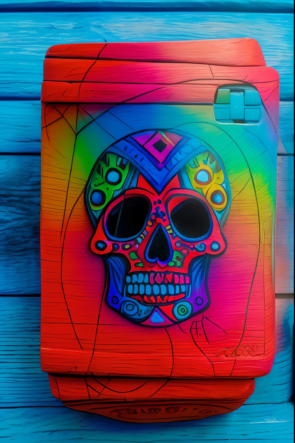 brightly colored sugar skull on a blue cooler on a wooden surface, calavera, sugar skull, aztec skull, skull, single aztec skull, skullish, skull paint, day of the dead, ( dia de los muertos ), (dia de los muertos), dia de muertos, el dia los muertos, el dia los muertos!