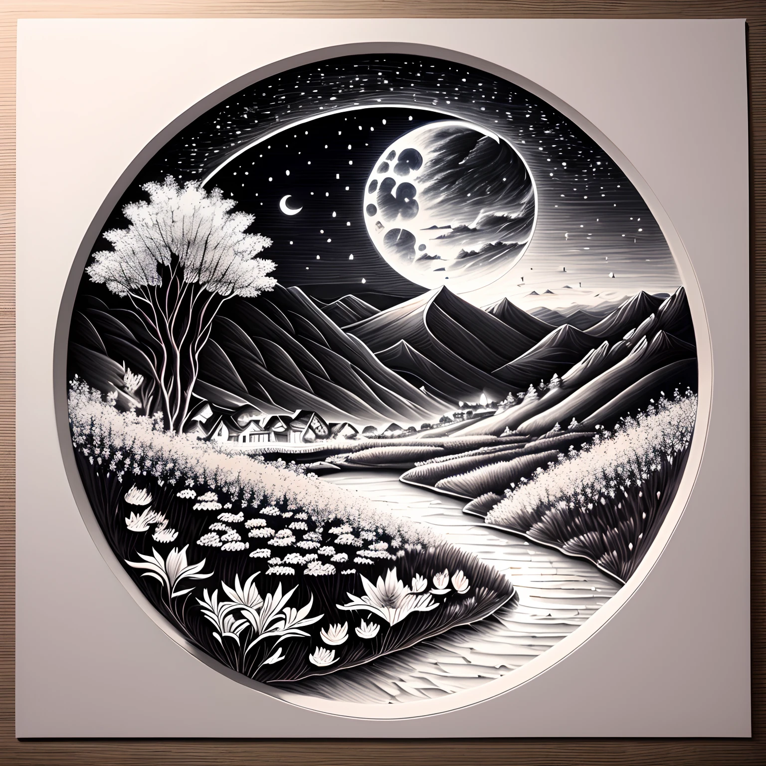 super high image, super detail, super high resolution, midnight, landscape painting, pencil drawing art, monochrome, many lilies and cherry blossoms illuminated by moonlight on the hill of the town, delicate and detailed composition, professional lighting --auto