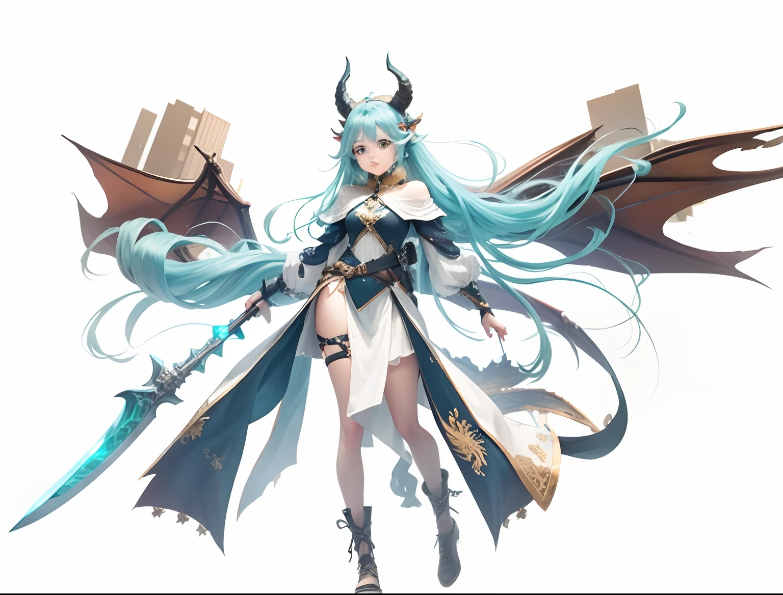 A two-dimensional girl，There is a pair of dragon horns on the head，holds a knife