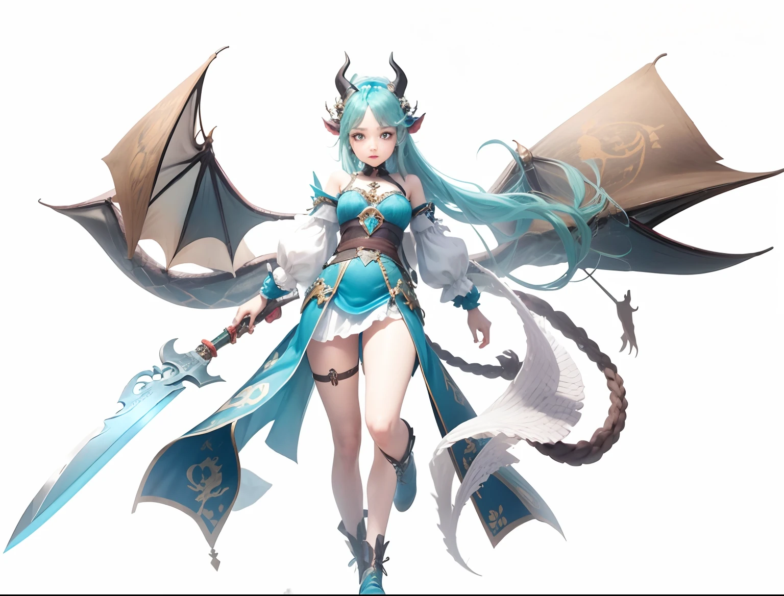 A two-dimensional girl,There is a pair of dragon horns on the head,holds a knife