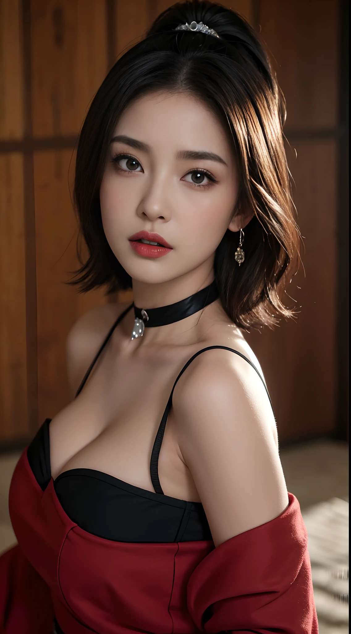 Very short bob of any hair color、Short bob with optional hairstyle、Raw photography、Photorealsitic、(very dark lipgloss)、So many eyelashes、Elegant eyeshadow、de pele branca、Glossy skin、hightquality、hight resolution、depth of fields、chromatic abberation、Caustics、(Japan Person Model)、Instagramer、a necklace、1 female、耳环、A bracelet、(((爆乳:1.3、round breast:1.3)))、(red and black nightdress)、Chic sofa、Pose with emphasis on cleavage、Seductive makeup、Seductive gestures、Bewitching look、bustup