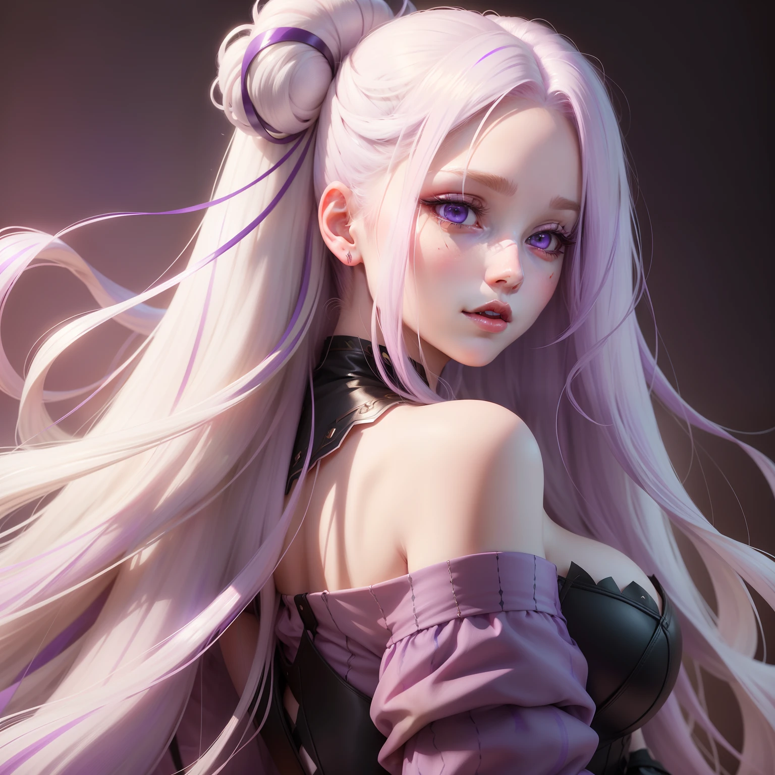 Pale woman + Long, wavy white blonde hair + purple streaks on the back of her head + light purple eyes + full, pink lips, rosy cheeks + beauty mark on chin + vampire