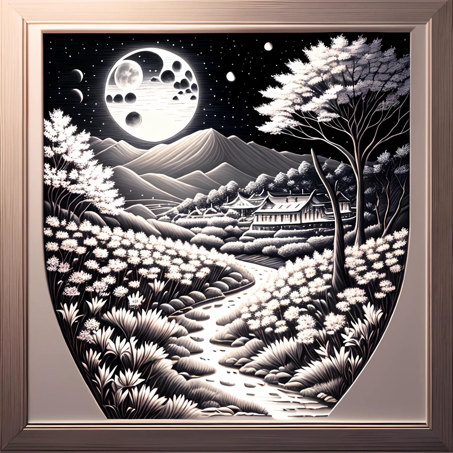 super high image, super detail, super high resolution, midnight, landscape painting, pencil drawing art, monochrome, many lilies and cherry blossoms illuminated by moonlight on the hill of the town, delicate and detailed composition, professional lighting --auto