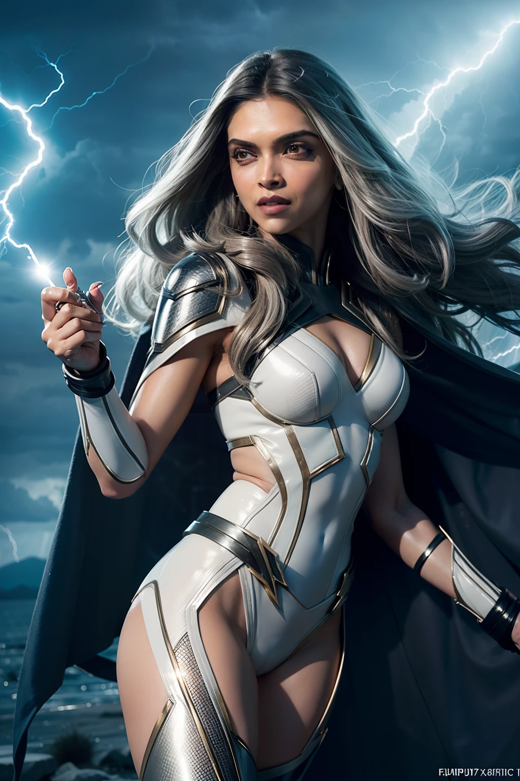 (((Deepika Padukone as Storm from X-Men))), ((wearing sexy Storm costume with cape)), (hyper realistic:1.4), (realistic:1.3), (best quality real texture skin), muscular girl, (wavy long white hair), (Use flashy lightning magic:1.4), (Cinematic Light), (movie scene), 1Beautiful woman, ((erotic)), ((sexy)), ((cleavage)), ((nippin)), ((camel toe)), ((dark skin)), Lightning is in your hands, thunder in the background, detailed face, ((white hair, white eyes, glowing eyes with lightning)), superhero pose, Fujifilm X-T3, 1/1250sec at f/2.8, ISO 160, 84mm