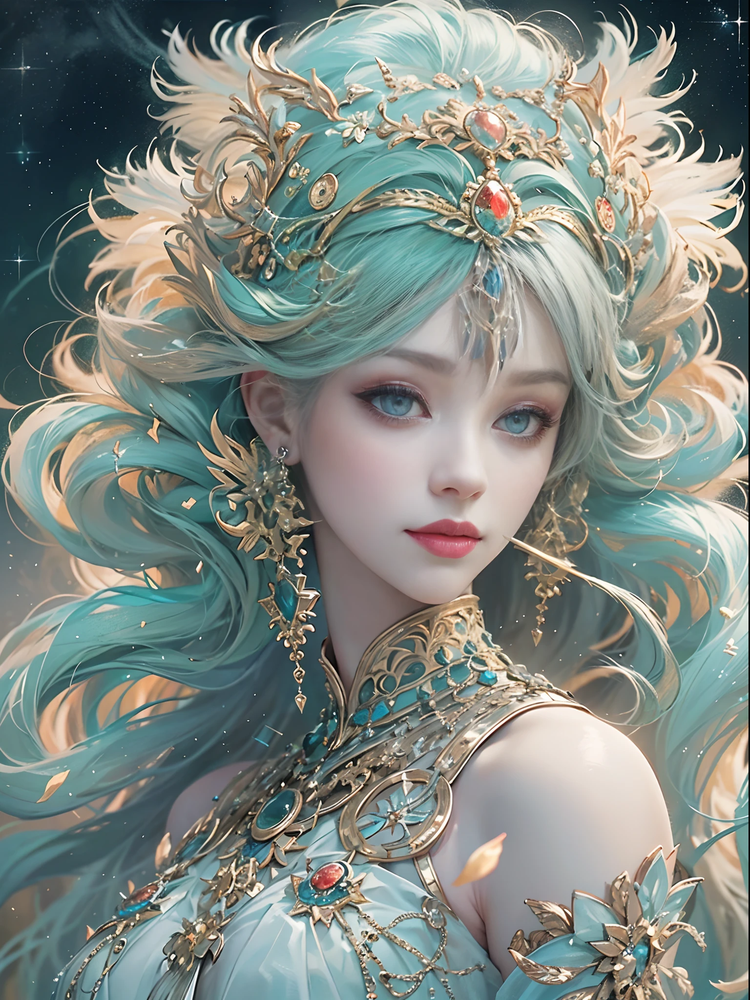 offcial art, Unity 8k壁纸, Ultra-detailed, Beautiful and aesthetically pleasing, tmasterpiece, best qualityer, (zentangle, datura, clew, meshing), (s fractal art: 1.3), 1 Moon Princess Serenity, (Hairstyle 2 odango and 2 long ponytails)New Moon, Extremely detailed, dynamic angle, Cowboy shot, The most beautiful forms of chaos, elegant, Fauvistdesign, vivd colour, romanticism lain, The sparkle of the stars, aurora borealis