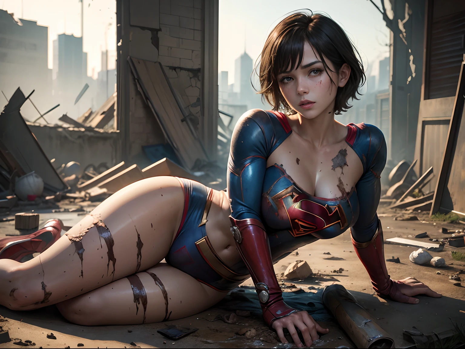 masterpiece、Short-haired Supergirl lying in a completely destroyed ruin、large full breasts、Looking at the camera、Glossy costume、Tattered costume、wounded、dreary atmosphere、Strange atmosphere、Crotch、Mud stains、bare-legged