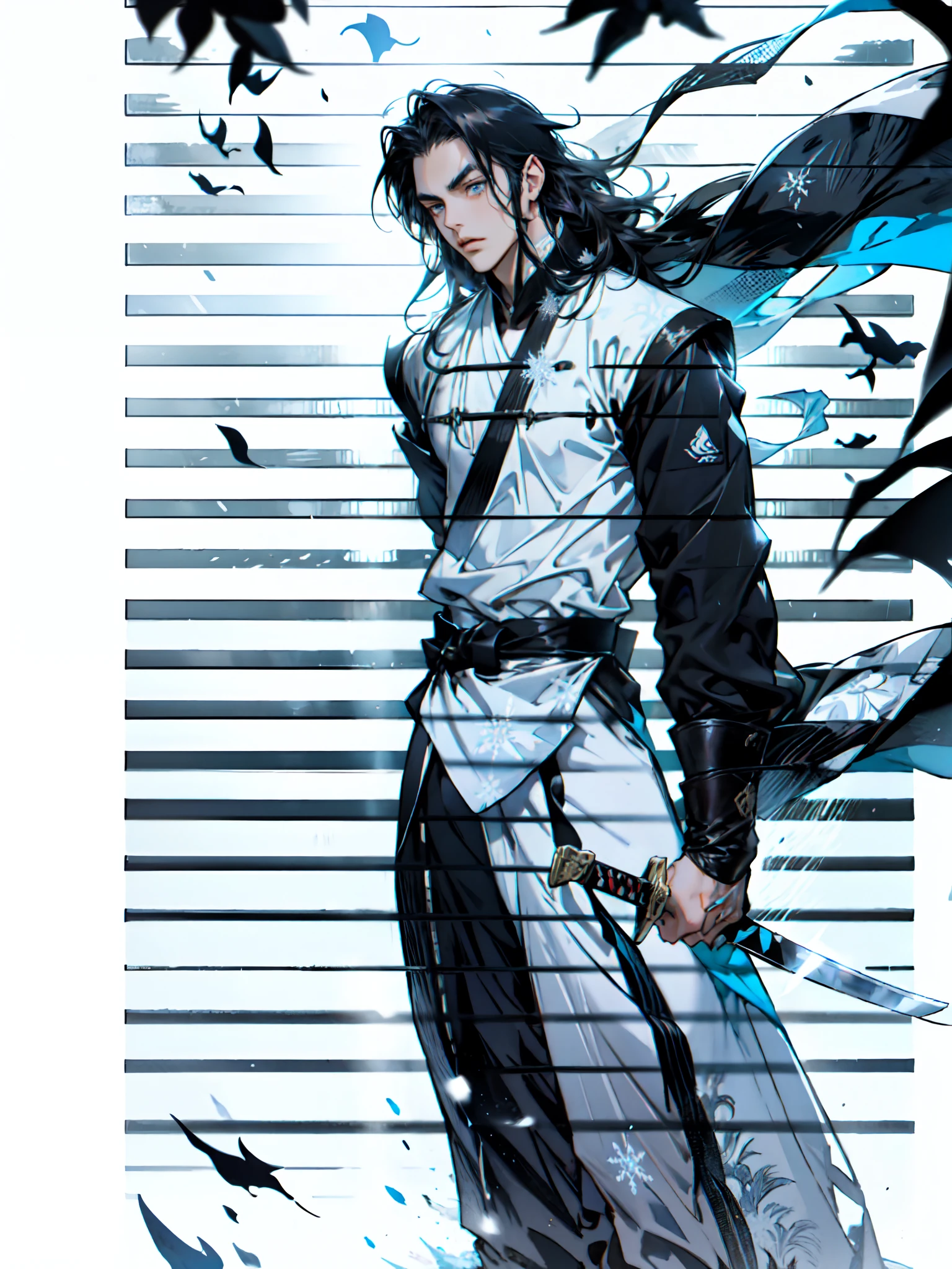 A young man with long hair, half-black and half-white long hair, hlfcol haired, black and white hair, sharp eyes, a confident expression, a heroic countenance, he wears a flowing two-piece martial arts-style robe, matching loose trousers, holding a slender sword in his left hand, the night sky, standing amidst a snowy mountain landscape, snowflakes falling all around, this character embodies a finely crafted Chinese swordsman design in anime style, characterized by a sophisticated and mature manga illustration art style, high definition, best quality, highres, ultra-detailed, ultra-fine painting, extremely delicate, professional, anatomically correct, symmetrical face, extremely detailed eyes and face, high quality eyes, creativity, RAW photo, UHD, 8k, Natural light, cinematic lighting, masterpiece:1.5