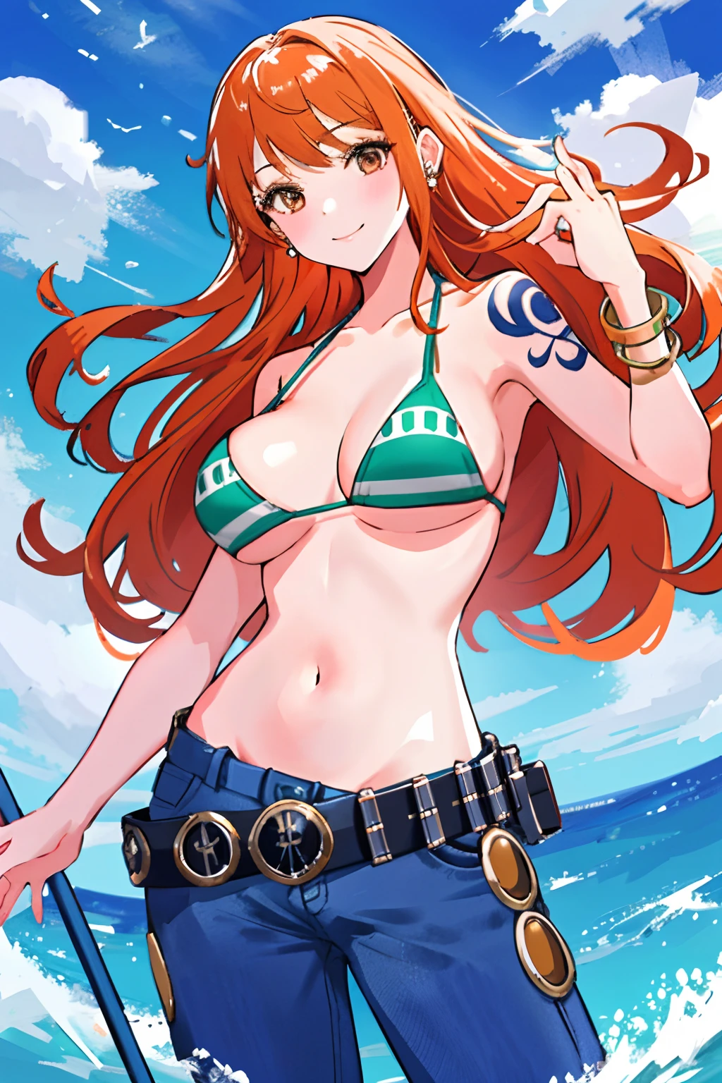 detailed background, masterpiece, best quality, 1girl, solo, nami \(one piece\), 1girl, bangle, bangs, bare shoulders, belt, bikini, bikini top only, blue sky, bracelet, breasts, brown eyes, bubble, cleavage, cloud, cowboy shot, day, denim, earrings, floating hair, green belt, green bikini, groin, jeans, jewelry, large breasts, log pose, long hair, looking at viewer, navel, orange hair, pants, shoulder tattoo, sidelocks, sky, smile, solo, standing, stomach, swimsuit, tattoo , looking at viewer