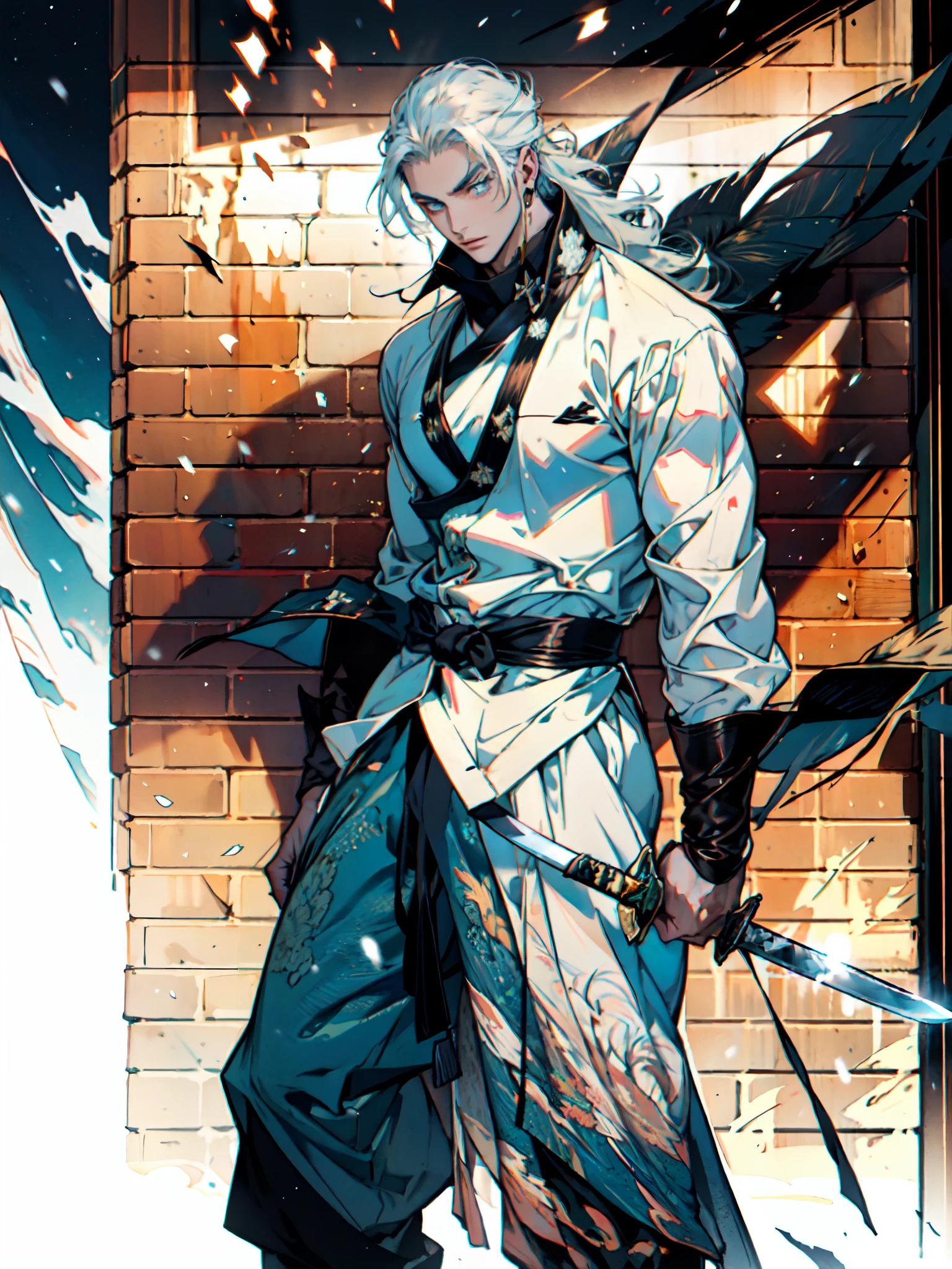 A young man with long hair, half-black and half-white long hair, hlfcol haired, black and white hair, sharp eyes, a confident expression, a heroic countenance, he wears a flowing two-piece martial arts-style robe, matching loose trousers, holding a slender sword in his left hand, the night sky, standing amidst a snowy mountain landscape, snowflakes falling all around, this character embodies a finely crafted Chinese swordsman design in anime style, characterized by a sophisticated and mature manga illustration art style, high definition, best quality, highres, ultra-detailed, ultra-fine painting, extremely delicate, professional, anatomically correct, symmetrical face, extremely detailed eyes and face, high quality eyes, creativity, RAW photo, UHD, 8k, Natural light, cinematic lighting, masterpiece:1.5