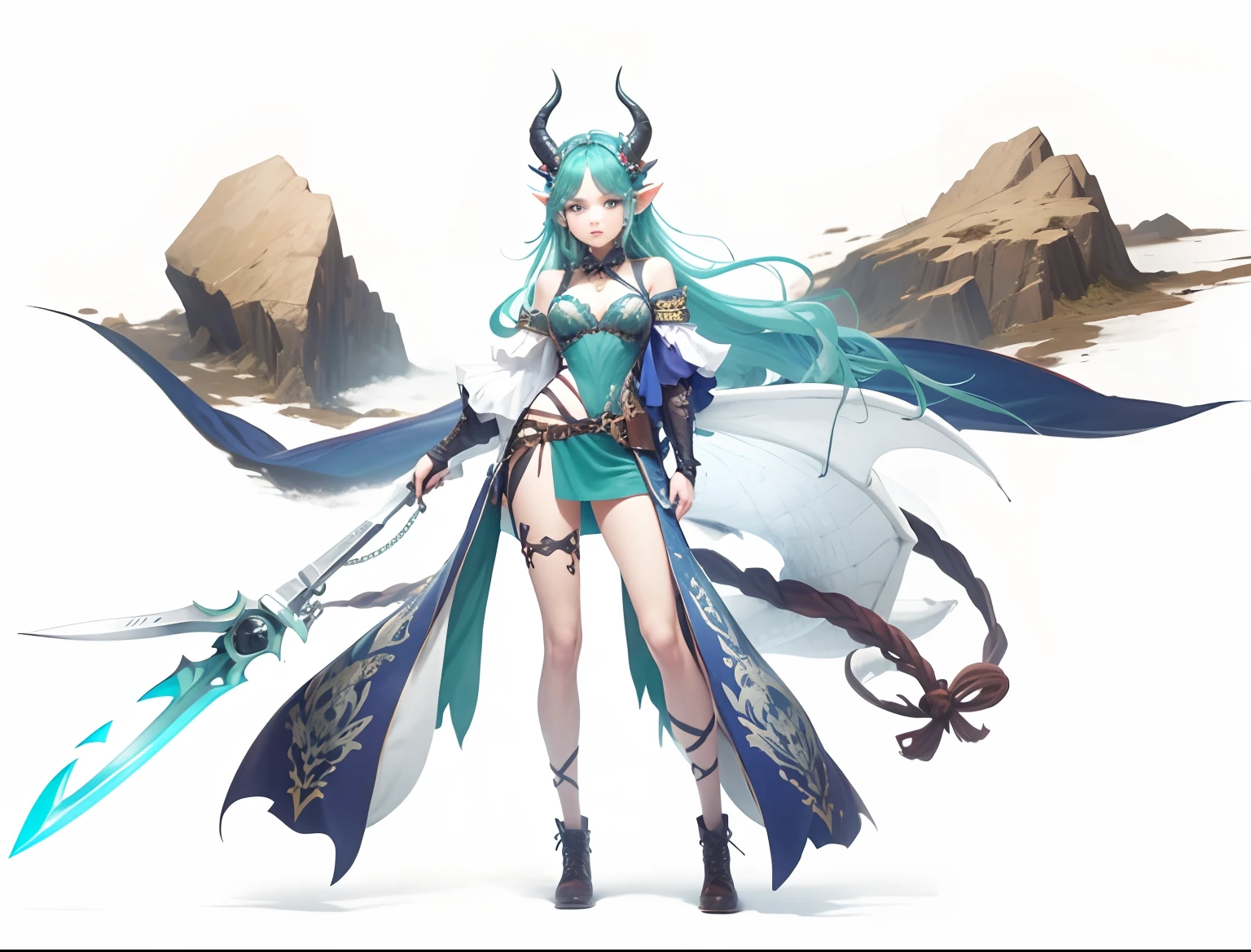 A two-dimensional girl，There is a pair of dragon horns on the head，holds a knife