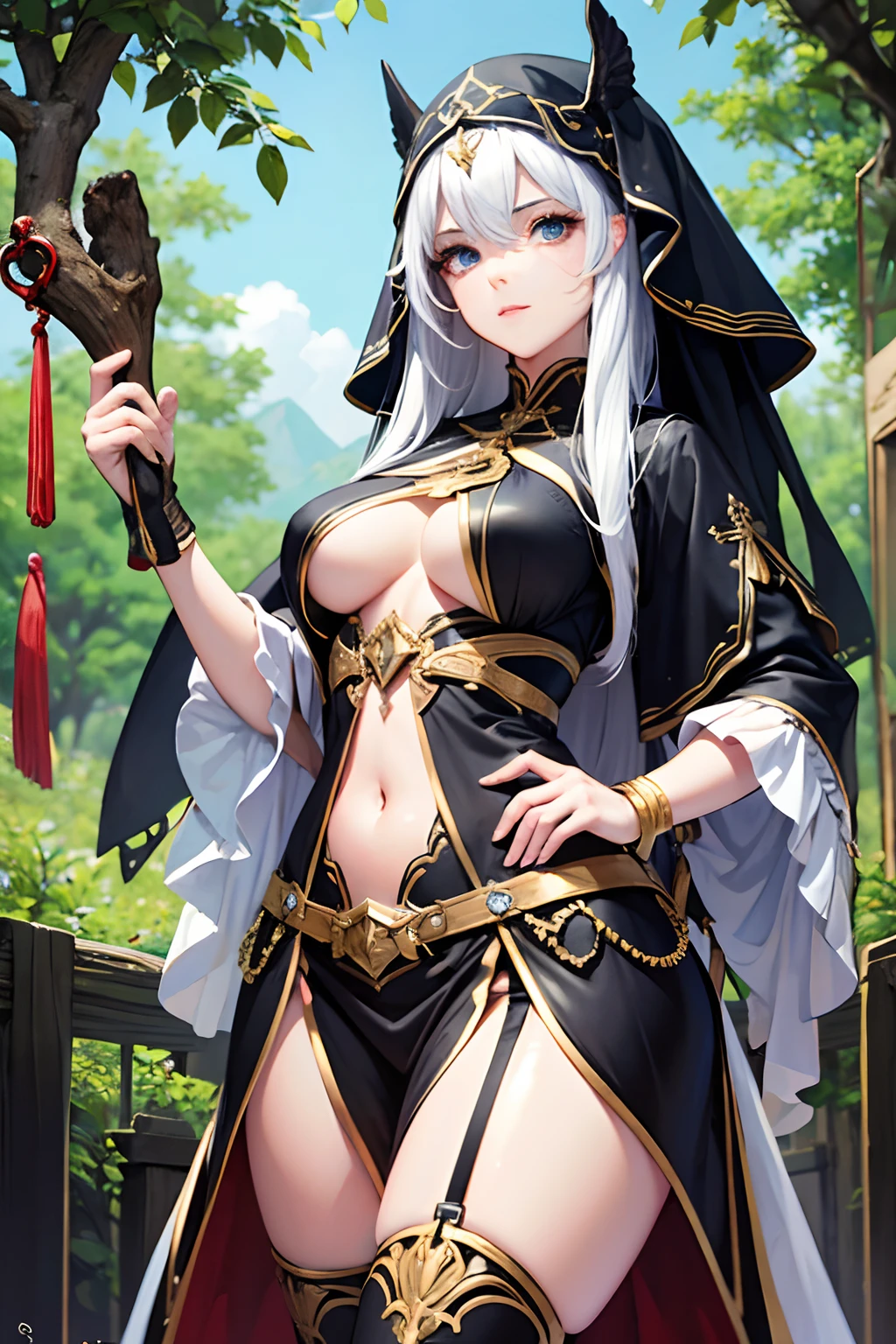 1mulher,Looks good to human eyes, branca caucasiana, cabelos longos prateados desgrenhados, olhos negros sem pupila, face delicada e bonita, middlebreasts, corpo delgado bastante chamativo, vestida apenas com um manto e botas feitas de pele animal, pingos de suor, holding a staff taken from an oak tree, caminhando por uma trilha indo para um desfiladeiro, imagem vista de cima, sentido de frente, emphasizing their features and physical appearance, dynamics, realista, UHD, 32k, decote, obra-prima de arte, epic scene, ultra high def, 32k, --auto --s2