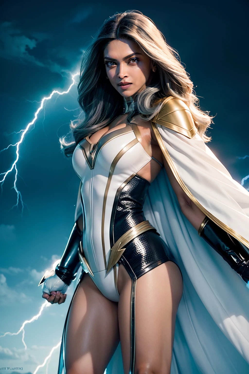 (((Deepika Padukone as Storm from X-Men))), ((wearing sexy Storm costume with cape)), (hyper realistic:1.4), (realistic:1.3), (best quality real texture skin), muscular girl, (wavy long white hair), (Use flashy lightning magic:1.4), (Cinematic Light), (movie scene), 1Beautiful woman, (bare body), ((erotic)), ((sexy)), ((cleavage)), ((nippin)), ((camel toe)), ((dark skin)), Lightning is in your hands, thunder in the background, detailed face, ((white hair, white eyes, glowing eyes with lightning)), superhero pose, Fujifilm X-T3, 1/1250sec at f/2.8, ISO 160, 84mm