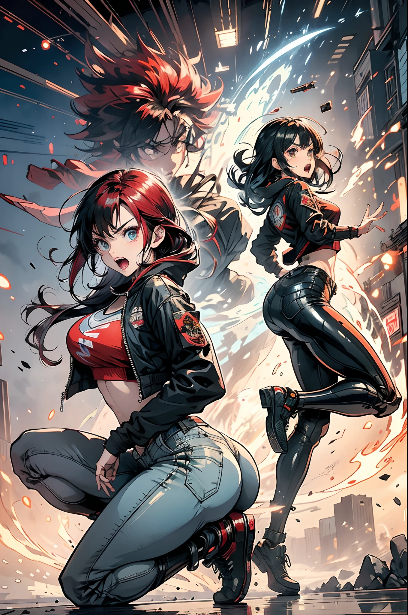 Full body shot, Female Asian Irina Shidou with red hair and double tail green eyes, In a cyberpunk city, wearing a bomber jacket、Crop top and denim shorts, Fight with metal-chrome-looking humanoid robot robots, With a large machine gun, Armed with a long laser rifle, Shoot laser rifles, Shoot lasers into the sky, Missile strikes, rocket launch,  Rapid fire, blasts, hand to hand combat, Fighting, Roundhouse kick, jump kick, guns blazing, Punch face, Open mouth, Screaming, Frontal shot, Side shot, rear shot, Back shot, Behind the lens, Masterpiece, Highly detailed