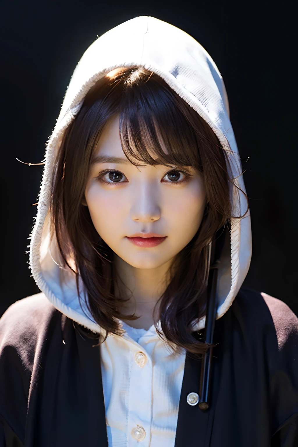 Cute hooded Grim Reaper shrouded in dark mist,Wielding a scythe,Emerge from the swirling shadows.Stand in the Cemetery of Forgotten Souls.(Light brown and light pink striped hair:1.3,),Perfect face,Proper body proportion,masutepiece,Super high-quality output images,超A high resolution,Intricate details,Extremely delicate and beautiful,photographrealistic,Dreamy,Professional Lighting,realistic shadow,Solo Focus,Beautiful hands,Beautiful fingers,