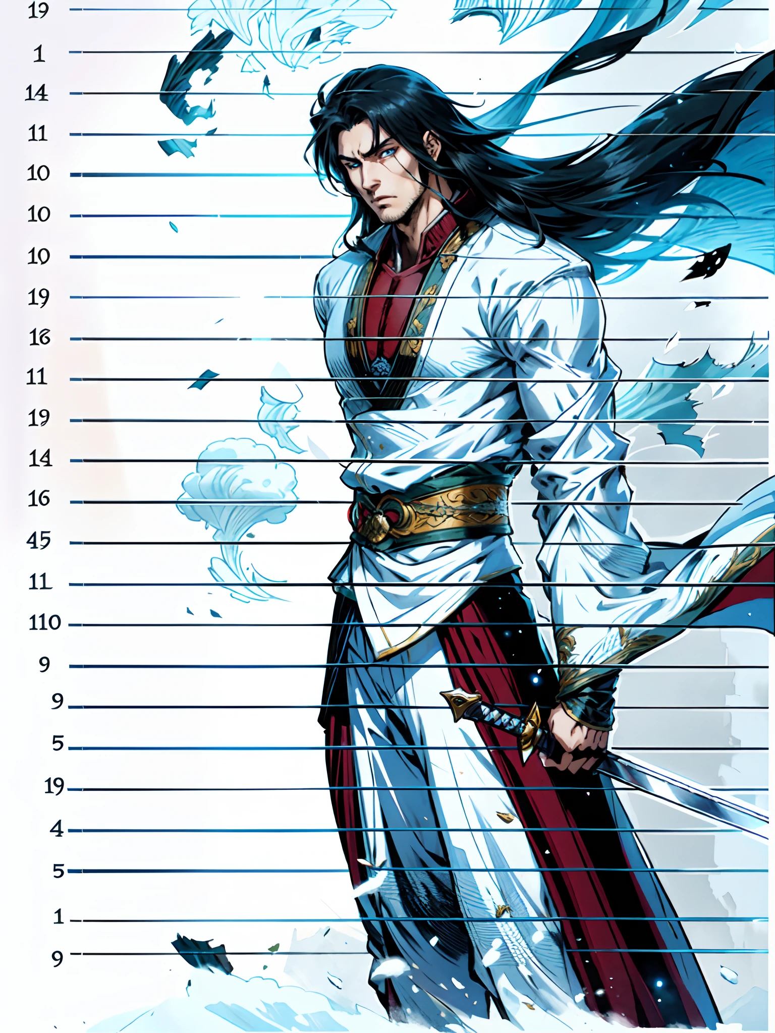A young man with long hair, half-black and half-white long hair, sharp eyes, a confident expression, a heroic countenance, he wears a flowing two-piece martial arts-style robe, matching loose trousers, holding a slender sword in his left hand, the night sky, standing amidst a snowy mountain landscape, snowflakes falling all around, this character embodies a finely crafted Chinese swordsman design in anime style, characterized by a sophisticated and mature manga illustration art style, high definition, best quality, highres, ultra-detailed, ultra-fine painting, extremely delicate, professional, anatomically correct, symmetrical face, extremely detailed eyes and face, high quality eyes, creativity, RAW photo, UHD, 8k, Natural light, cinematic lighting, masterpiece:1.5