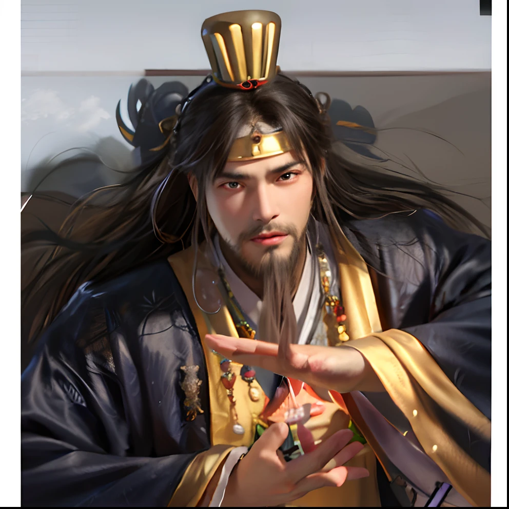 Close up portrait of a man with a hat on his head, guanyu, bian lian, inspired by Wu Daozi, inspired by Wu Bin, inspired by Hu Zaobin, chinese three kingdoms, from three kingdoms, heise jinyao, Inspired by Cao Zhibai, inspired by Li Kan, xianxia hero, inspired by Xuande Emperor