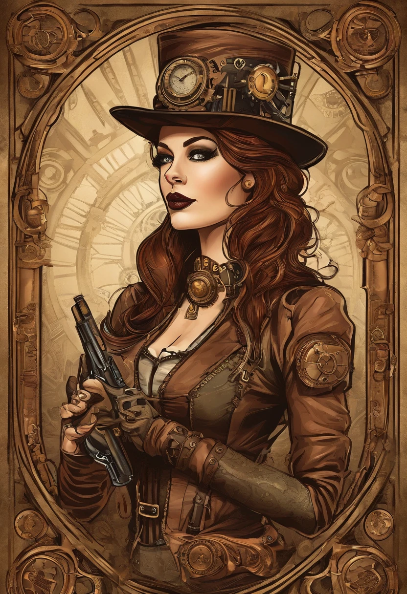 There's a woman wearing a Steam Punk hat and holding a gun.., menina Steampunk, usando trajes Steampunk, menina inventora steampunk, (Steampunk), ( Steampunk ), estilo steampunk, Steam-punk, Steampunk Fiction, steampunk aesthetic, uma deusa Steampunk bonita, steampunk mulher anime bonita, Steampunk, fantasia Steampunk, estilo de fantasia steampunk, arte steampunk, arte digital steampunk, roupas Steampunk